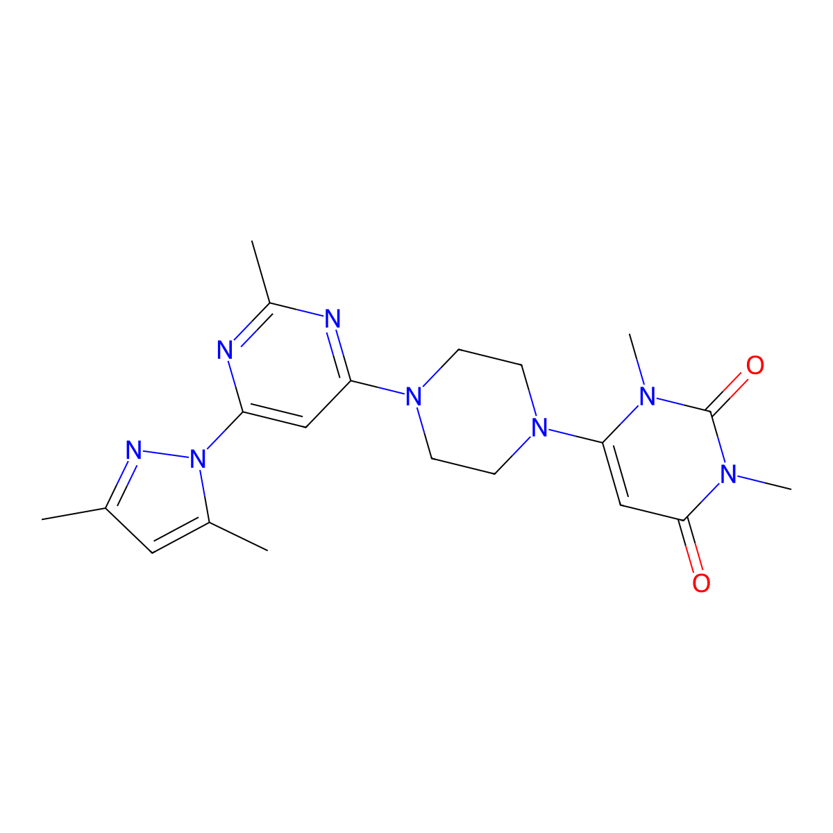 6-{4-[6-(3,5-dimethyl-1H-pyrazol-1-yl)-2-methylpyrimidin-4-yl]piperazin-1-yl}-1,3-dimethyl-1,2,3,4-tetrahydropyrimidine-2,4-dione molecular structure, CAS 2640821-45-8