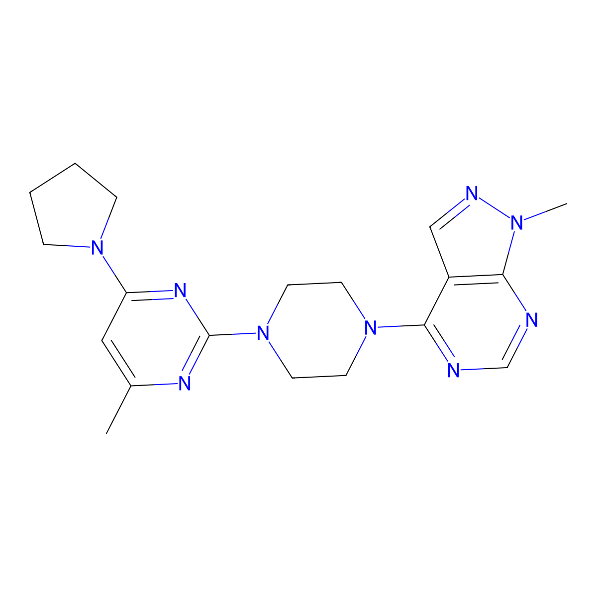 4-methyl-2-(4-{1-methyl-1H-pyrazolo[3,4-d]pyrimidin-4-yl}piperazin-1-yl)-6-(pyrrolidin-1-yl)pyrimidine molecular structure, CAS 2640821-46-9