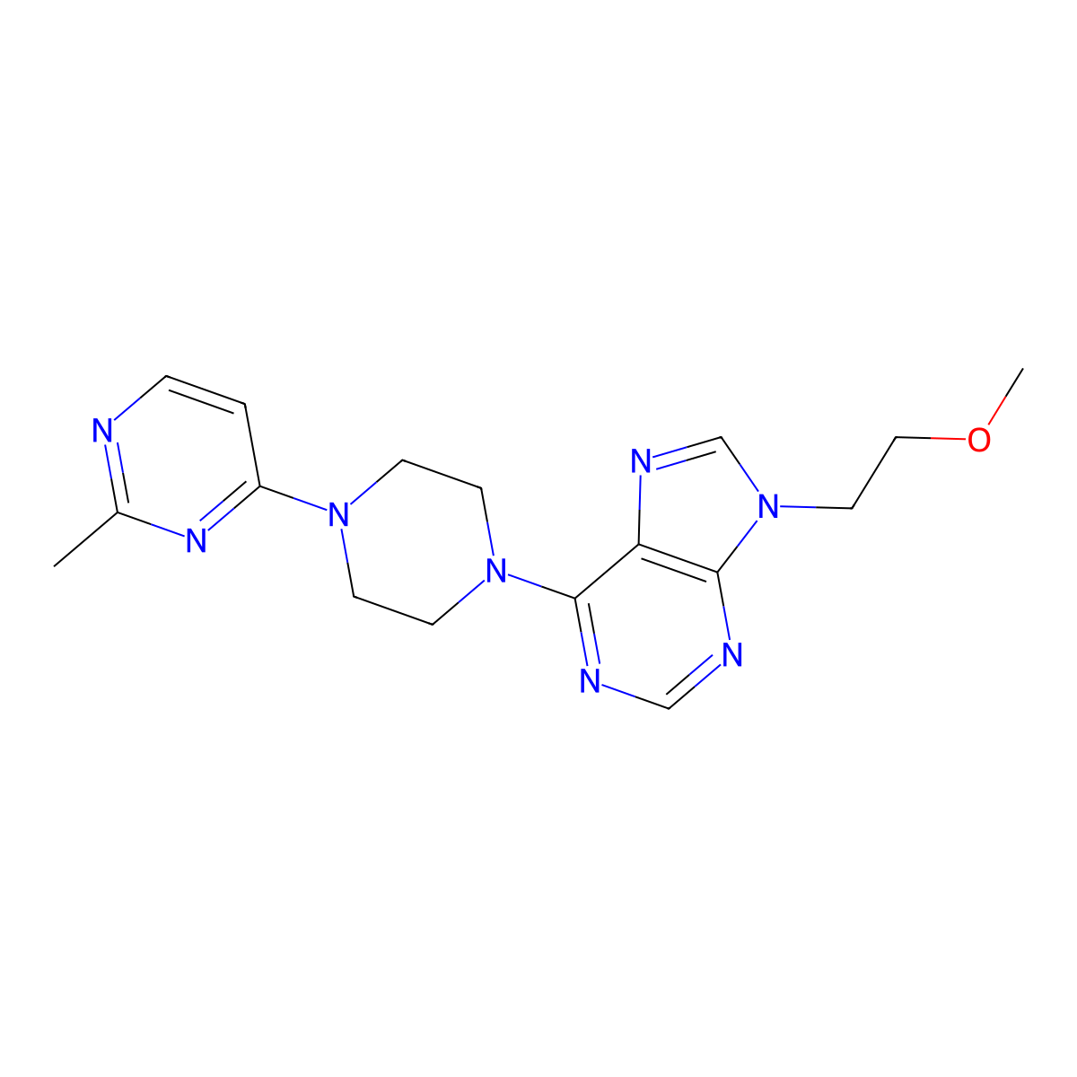 9-(2-methoxyethyl)-6-[4-(2-methylpyrimidin-4-yl)piperazin-1-yl]-9H-purine molecular structure, CAS 2640821-48-1