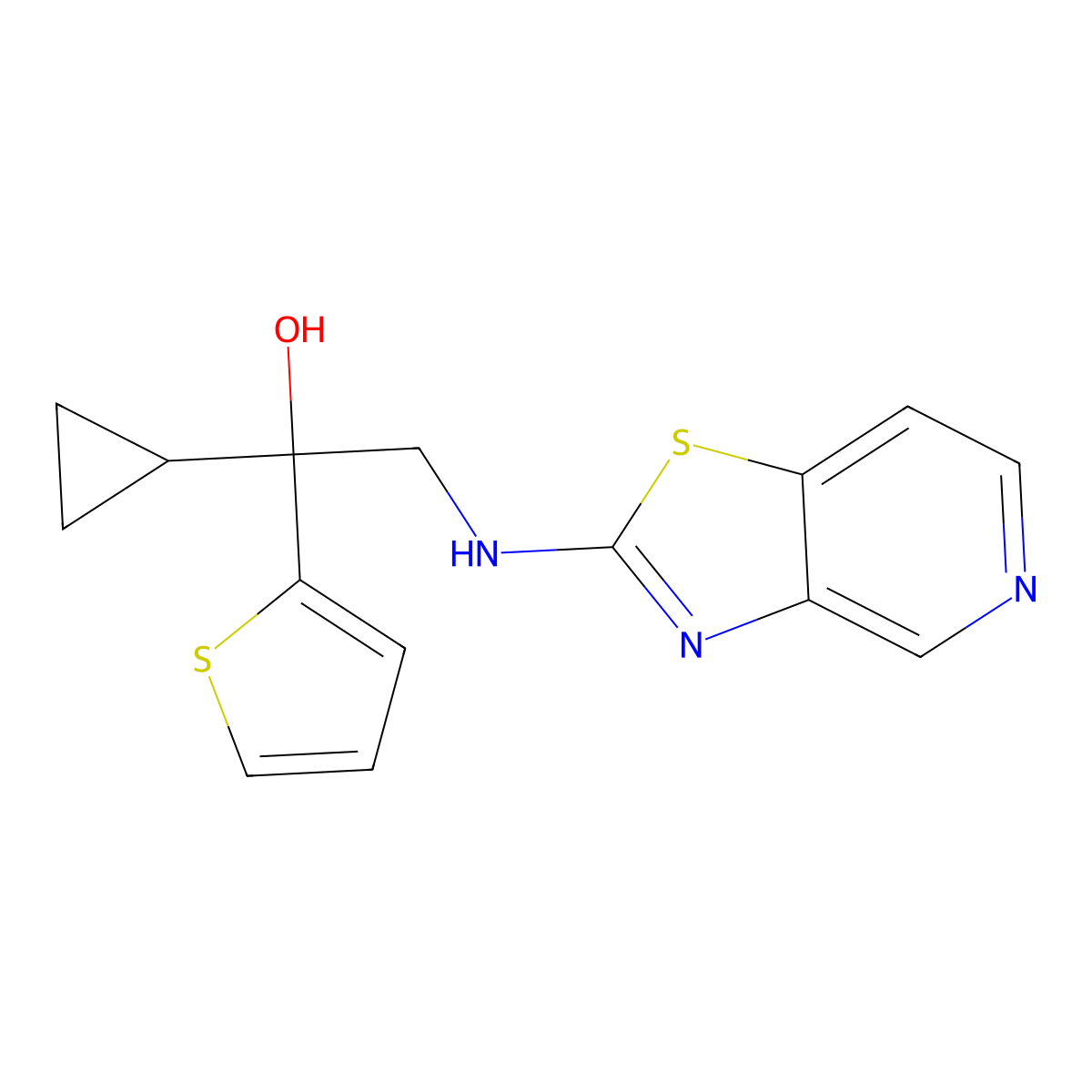 1-Cyclopropyl-2-({[1,3]thiazolo[4,5-c]pyridin-2-yl}amino)-1-(thiophen-2-yl)ethan-1-ol molecular structure, CAS 2640821-50-5