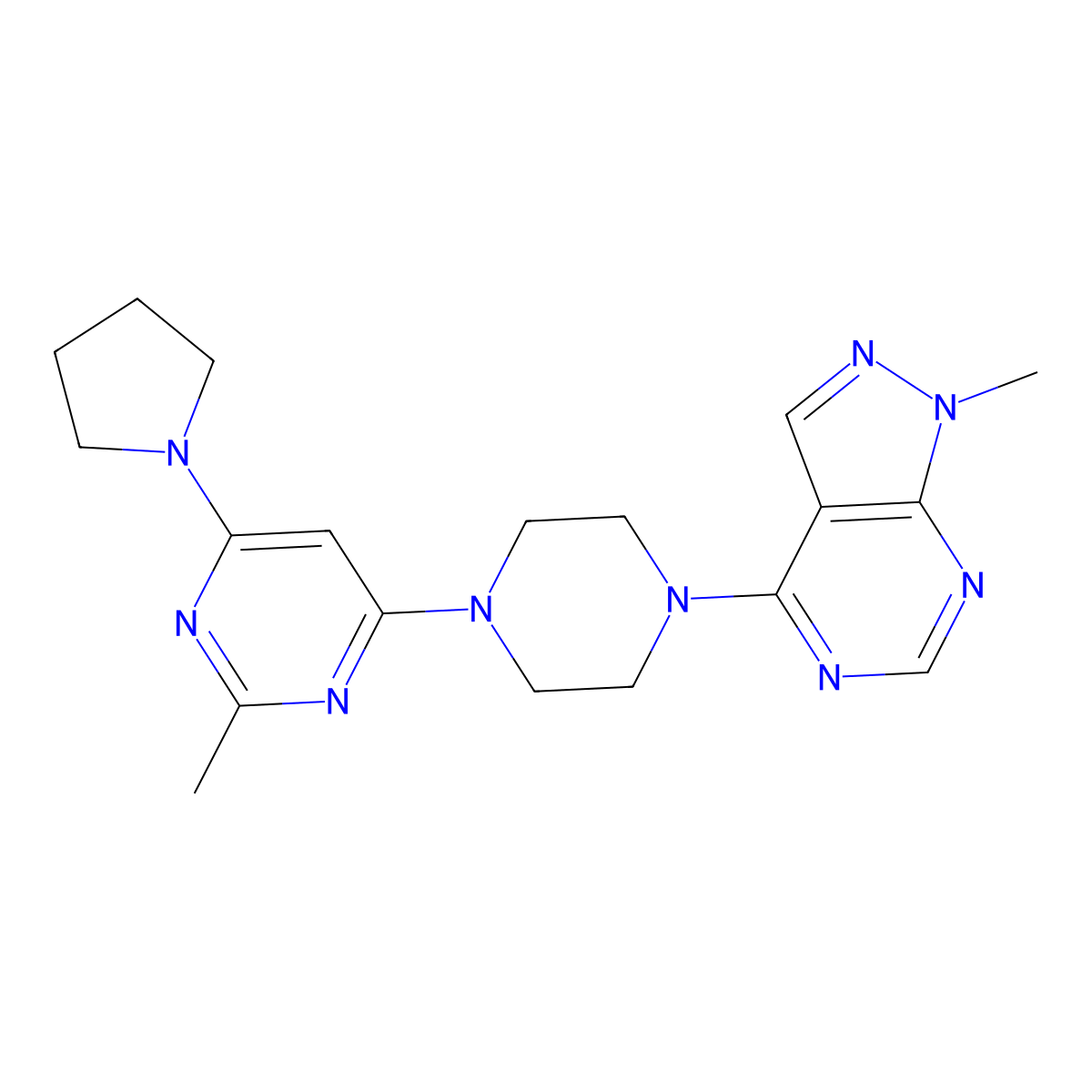 2-methyl-4-(4-{1-methyl-1H-pyrazolo[3,4-d]pyrimidin-4-yl}piperazin-1-yl)-6-(pyrrolidin-1-yl)pyrimidine molecular structure, CAS 2640821-54-9