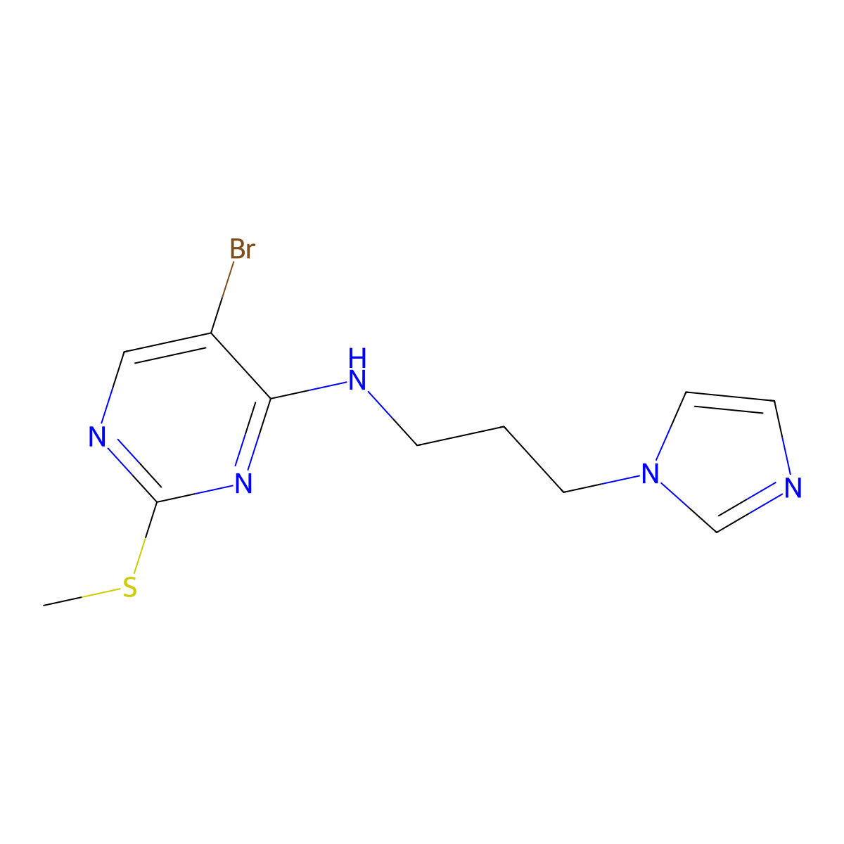 5-bromo-N-[3-(1H-imidazol-1-yl)propyl]-2-(methylsulfanyl)pyrimidin-4-amine molecular structure, CAS 2640821-58-3