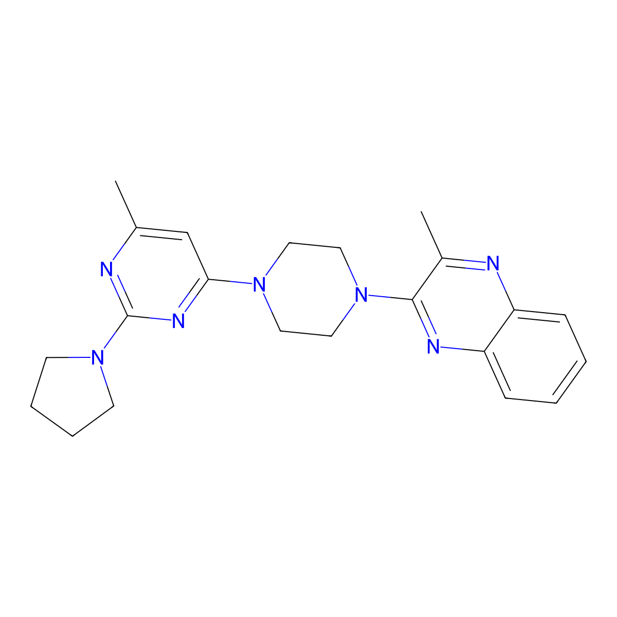 2-Methyl-3-{4-[6-methyl-2-(pyrrolidin-1-yl)pyrimidin-4-yl]piperazin-1-yl}quinoxaline molecular structure, CAS 2640821-62-9