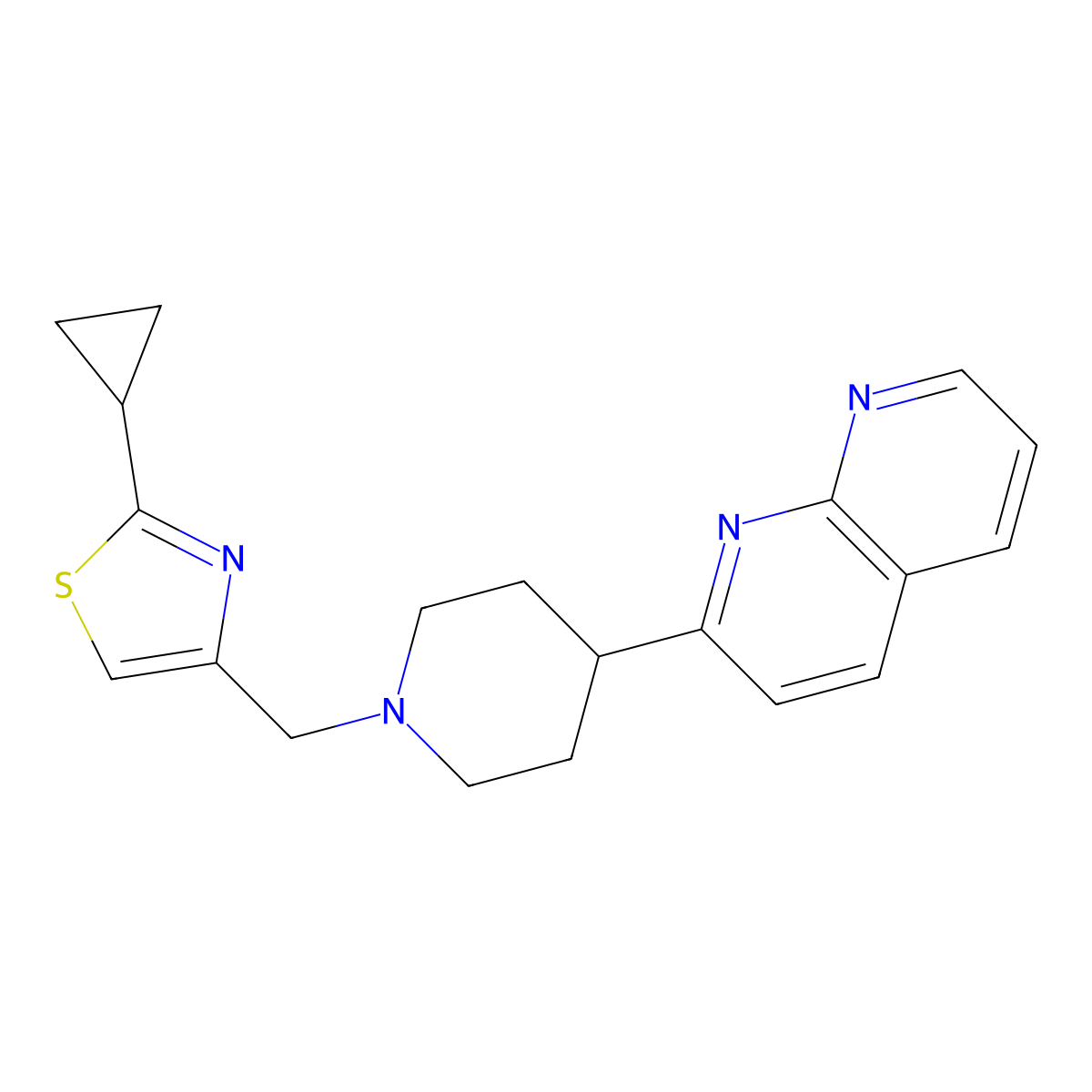 2-{1-[(2-Cyclopropyl-1,3-thiazol-4-yl)methyl]piperidin-4-yl}-1,8-naphthyridine molecular structure, CAS 2640821-63-0