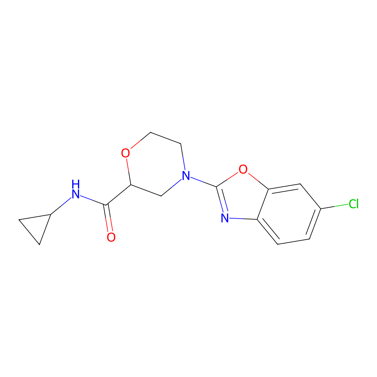 4-(6-chloro-1,3-benzoxazol-2-yl)-N-cyclopropylmorpholine-2-carboxamide molecular structure, CAS 2640821-64-1