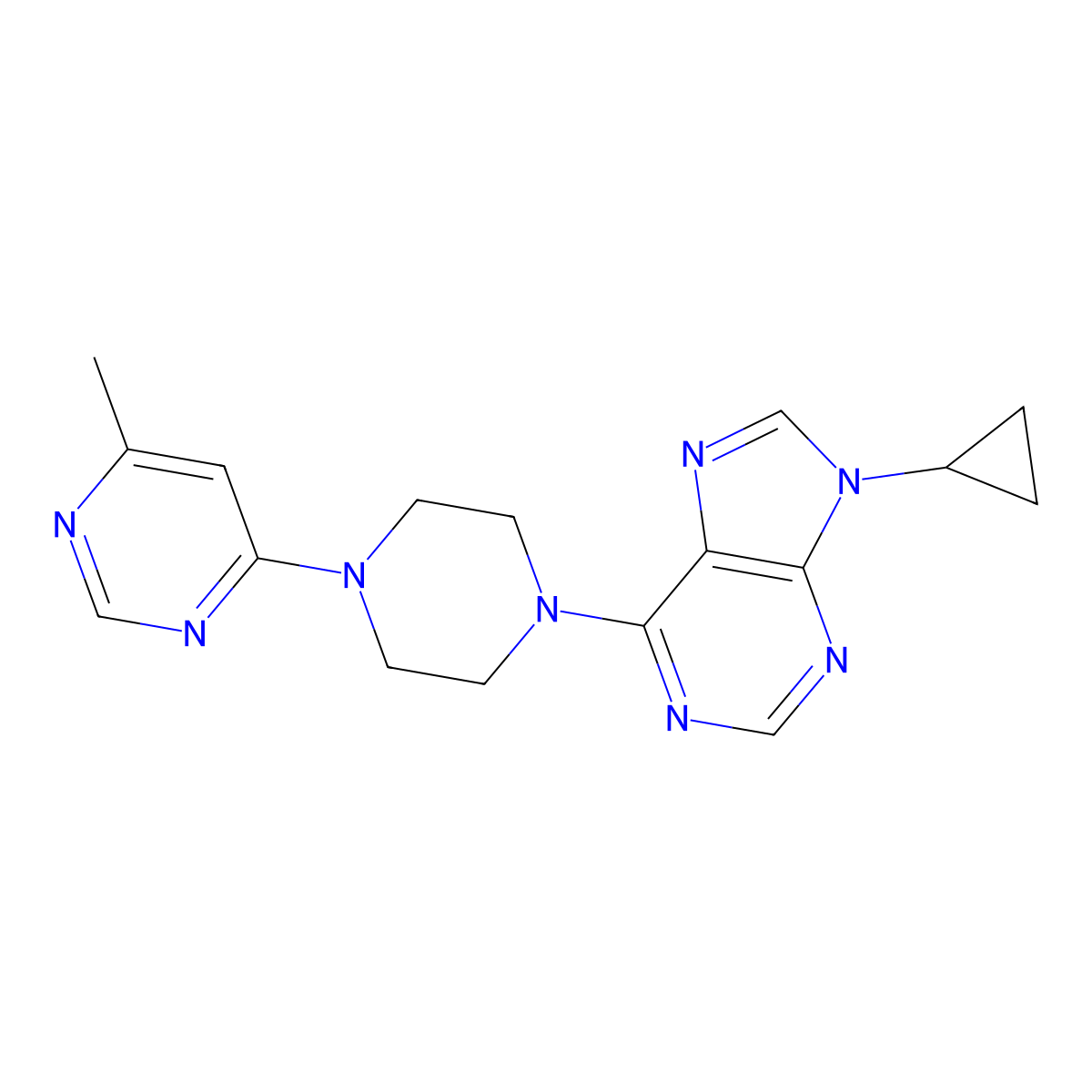 9-cyclopropyl-6-[4-(6-methylpyrimidin-4-yl)piperazin-1-yl]-9H-purine molecular structure, CAS 2640821-69-6
