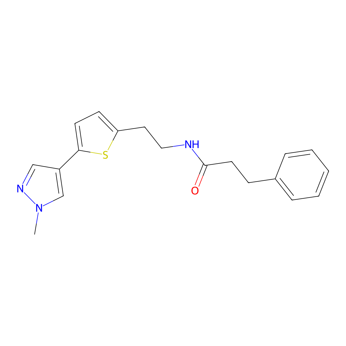 N-{2-[5-(1-methyl-1H-pyrazol-4-yl)thiophen-2-yl]ethyl}-3-phenylpropanamide molecular structure, CAS 2640821-70-9