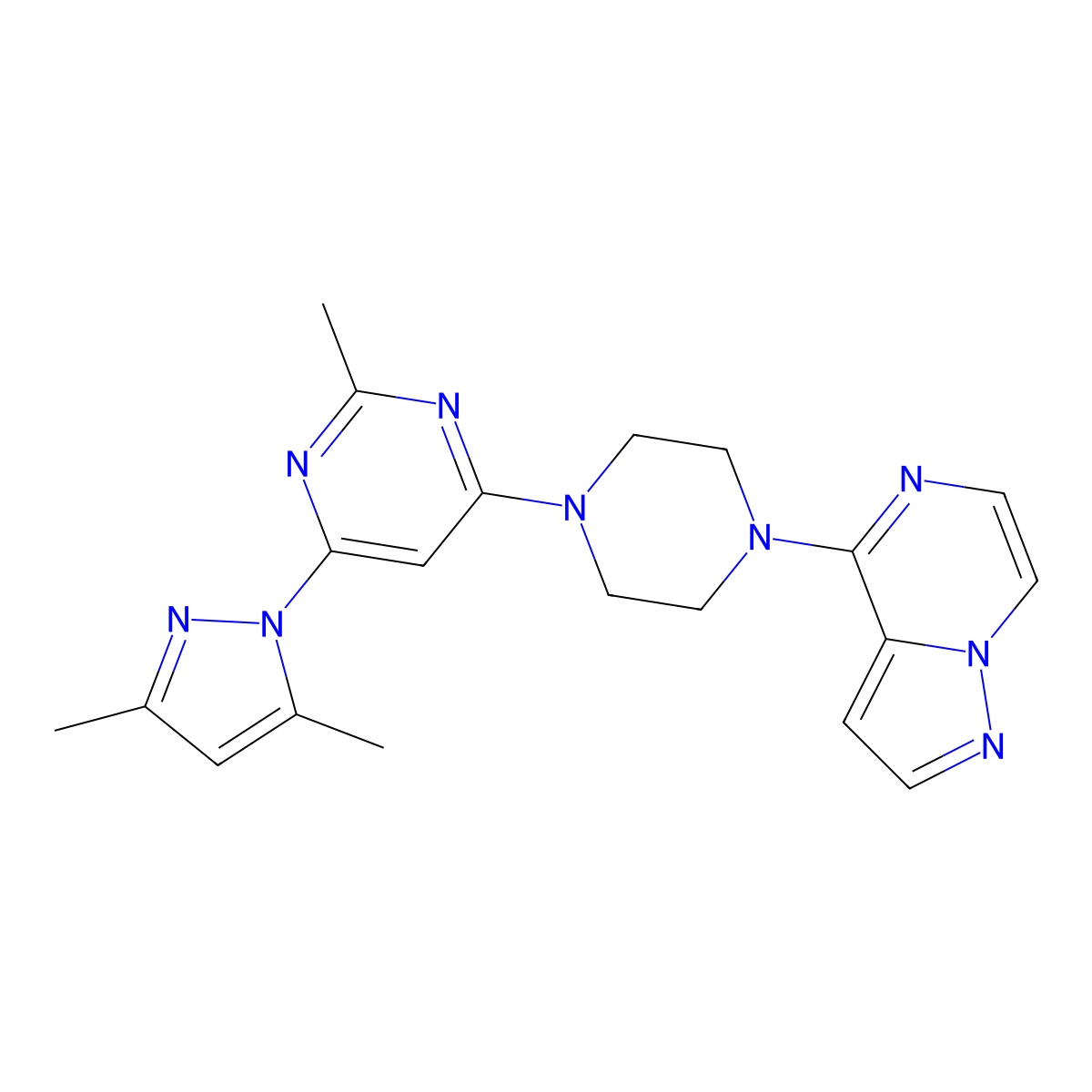 4-(3,5-dimethyl-1H-pyrazol-1-yl)-2-methyl-6-(4-{pyrazolo[1,5-a]pyrazin-4-yl}piperazin-1-yl)pyrimidine molecular structure, CAS 2640821-71-0