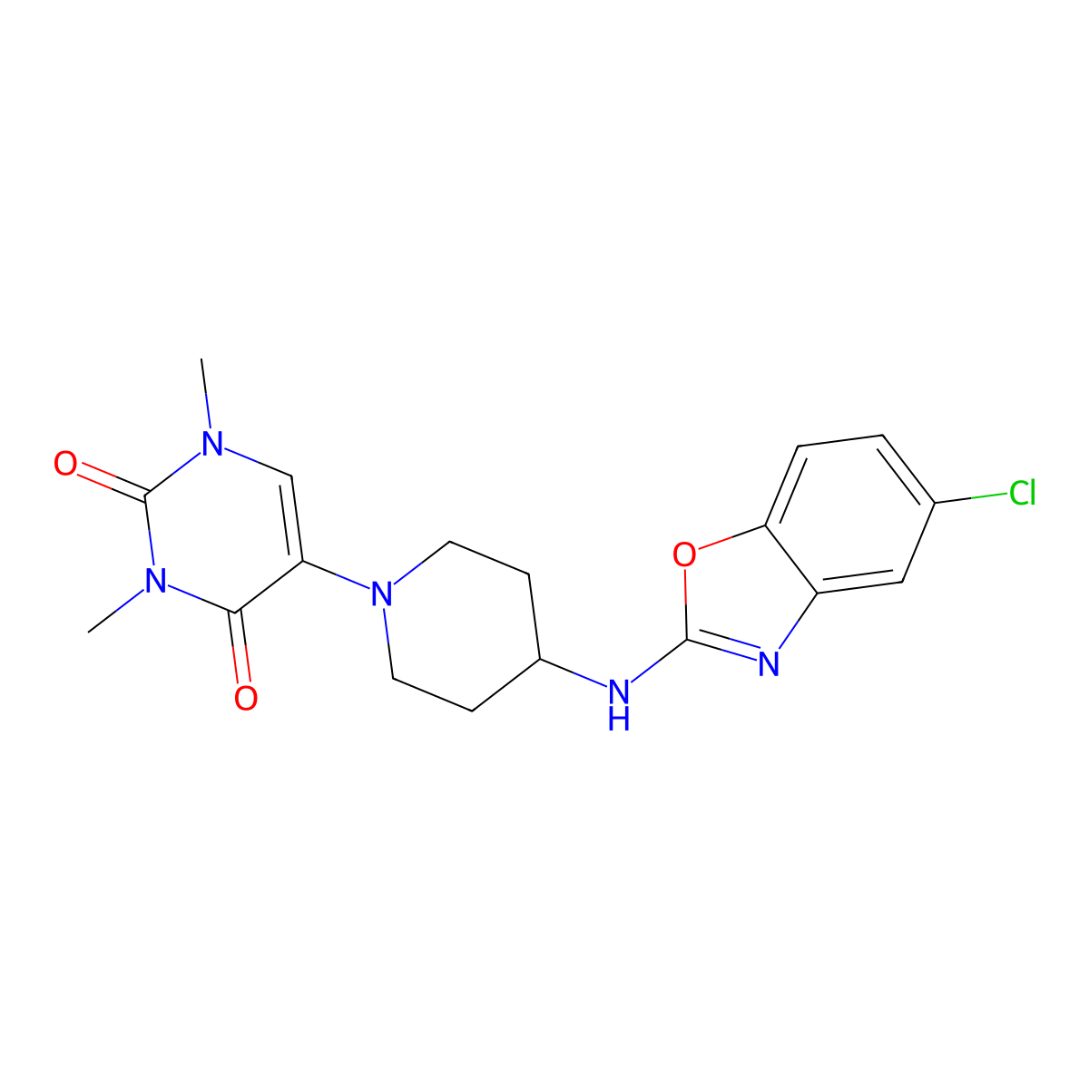 5-{4-[(5-Chloro-1,3-benzoxazol-2-yl)amino]piperidin-1-yl}-1,3-dimethyl-1,2,3,4-tetrahydropyrimidine-2,4-dione molecular structure, CAS 2640821-73-2