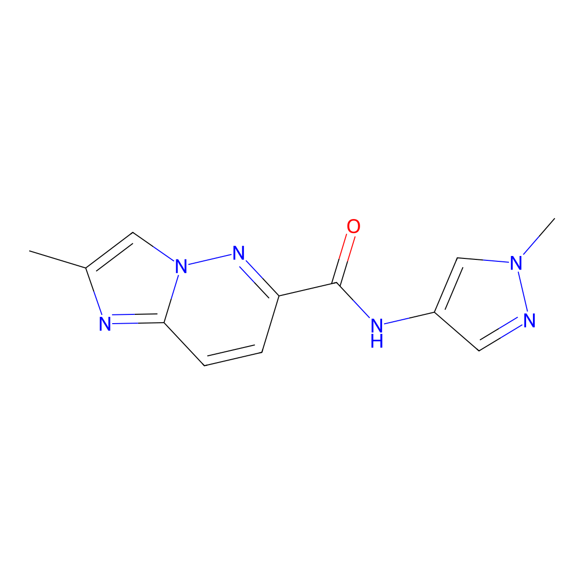 2-methyl-N-(1-methyl-1H-pyrazol-4-yl)imidazo[1,2-b]pyridazine-6-carboxamide molecular structure, CAS 2640821-75-4