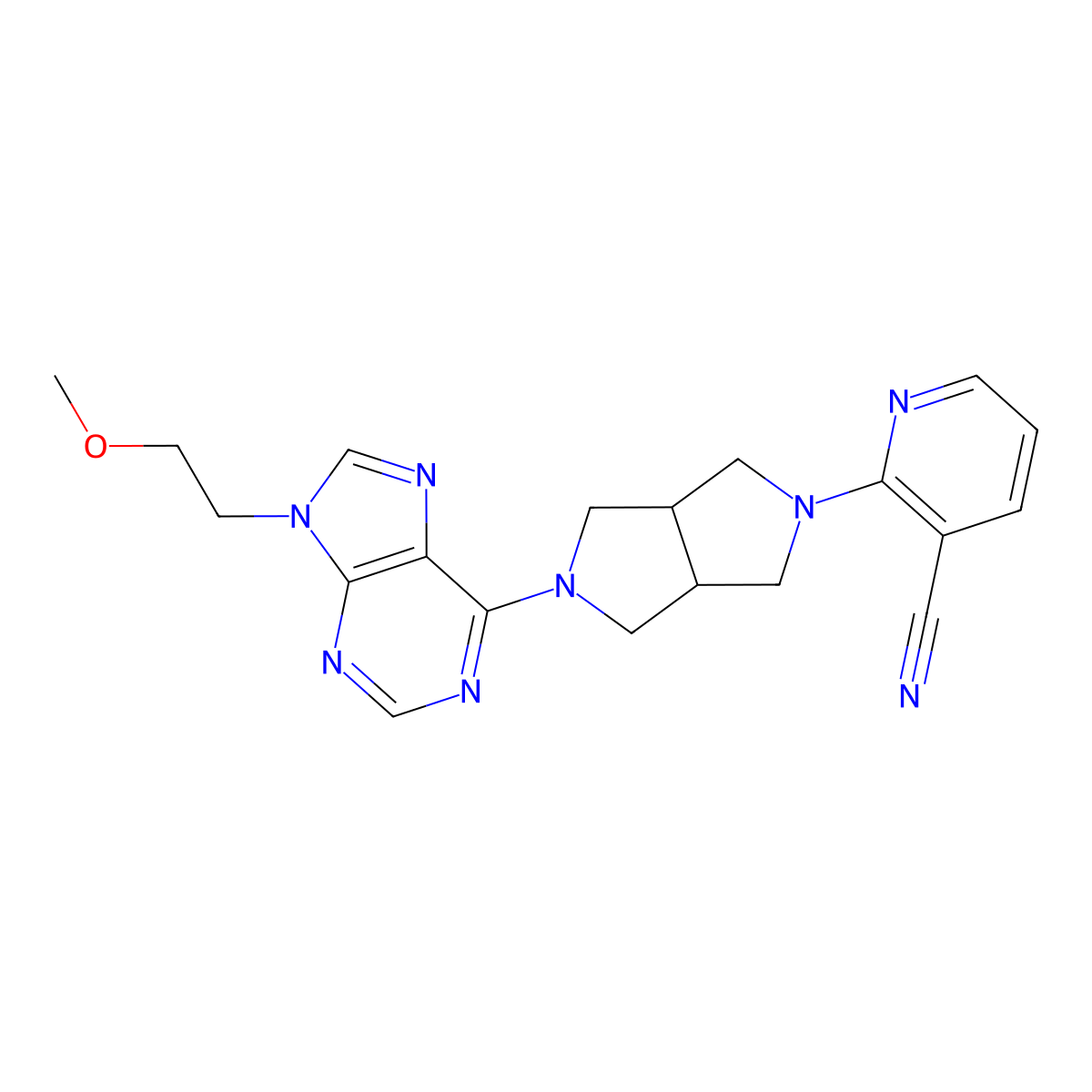 2-{5-[9-(2-methoxyethyl)-9H-purin-6-yl]-octahydropyrrolo[3,4-c]pyrrol-2-yl}pyridine-3-carbonitrile molecular structure, CAS 2640821-84-5