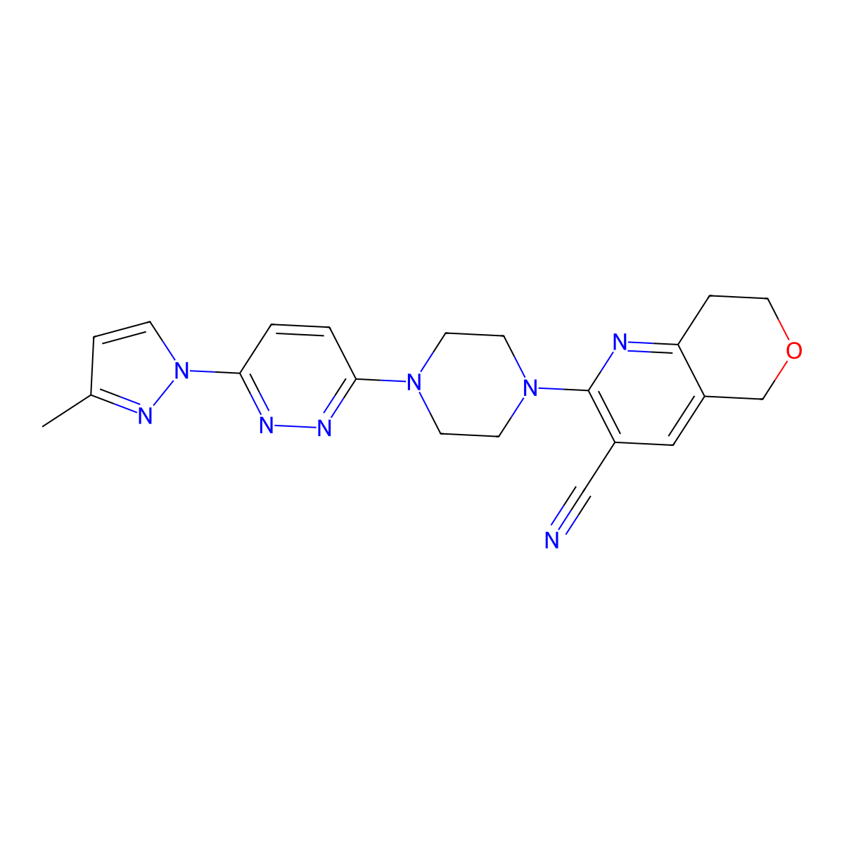 2-{4-[6-(3-methyl-1H-pyrazol-1-yl)pyridazin-3-yl]piperazin-1-yl}-5H,7H,8H-pyrano[4,3-b]pyridine-3-carbonitrile molecular structure, CAS 2640821-87-8