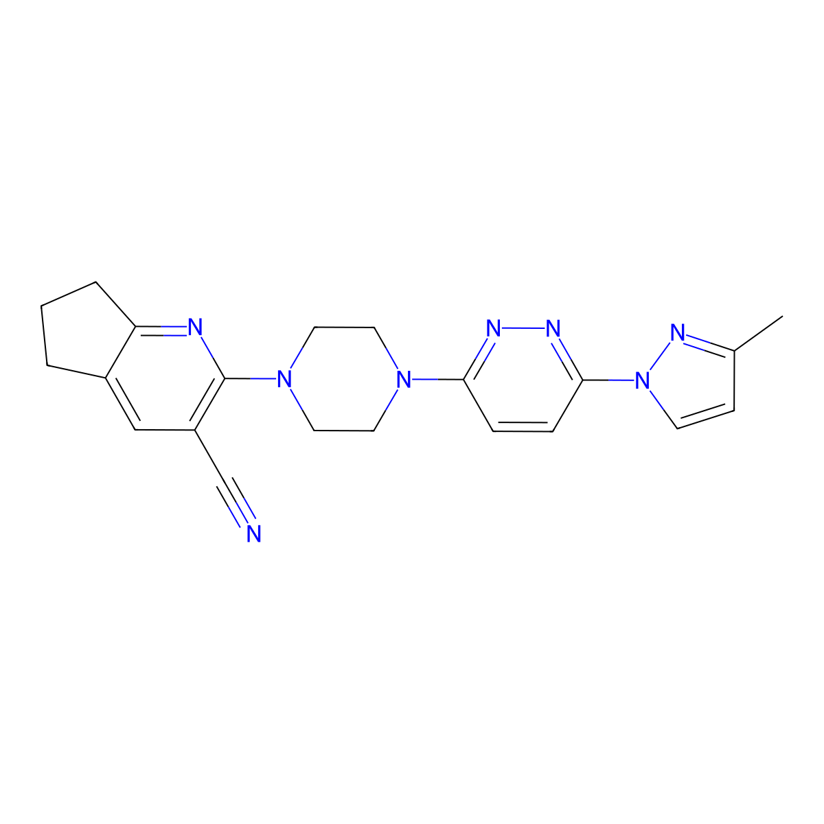 2-{4-[6-(3-methyl-1H-pyrazol-1-yl)pyridazin-3-yl]piperazin-1-yl}-5H,6H,7H-cyclopenta[b]pyridine-3-carbonitrile molecular structure, CAS 2640821-88-9