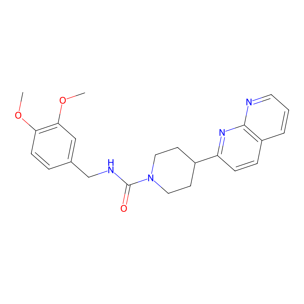 N-[(3,4-dimethoxyphenyl)methyl]-4-(1,8-naphthyridin-2-yl)piperidine-1-carboxamide molecular structure, CAS 2640821-89-0