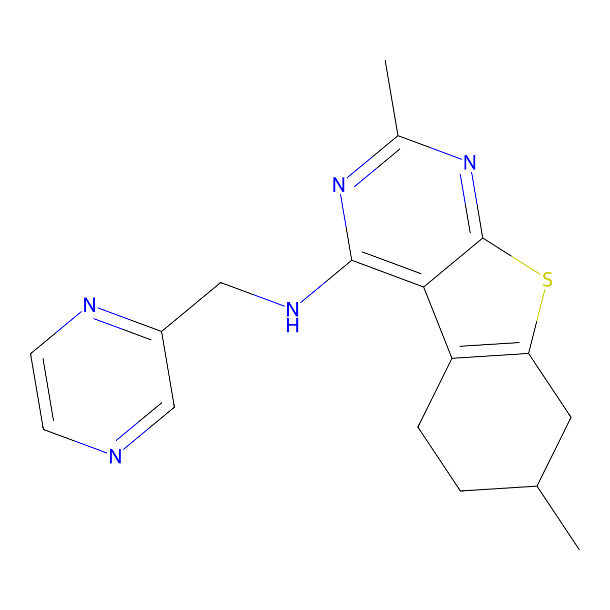 5,11-dimethyl-N-[(pyrazin-2-yl)methyl]-8-thia-4,6-diazatricyclo[7.4.0.0^{2,7}]trideca-1(9),2(7),3,5-tetraen-3-amine molecular structure, CAS 2640821-94-7