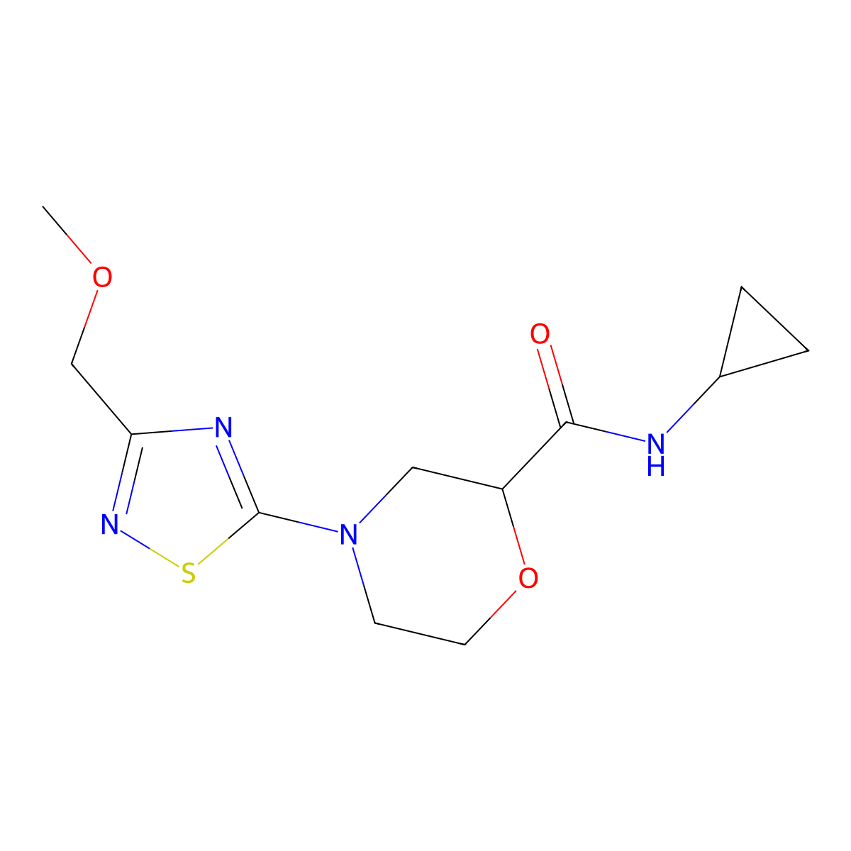 N-cyclopropyl-4-[3-(methoxymethyl)-1,2,4-thiadiazol-5-yl]morpholine-2-carboxamide molecular structure, CAS 2640821-95-8