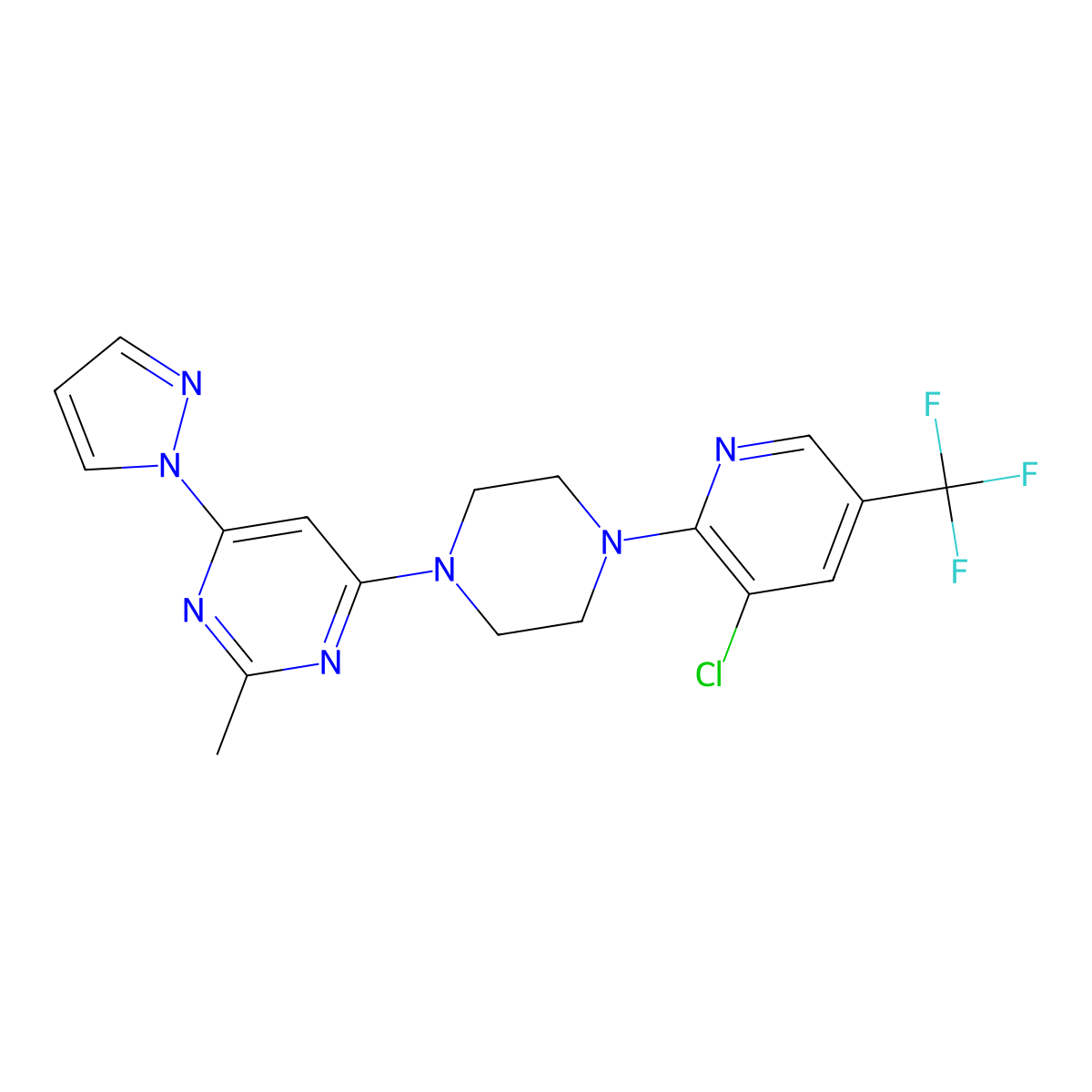 4-{4-[3-chloro-5-(trifluoromethyl)pyridin-2-yl]piperazin-1-yl}-2-methyl-6-(1H-pyrazol-1-yl)pyrimidine molecular structure, CAS 2640822-01-9