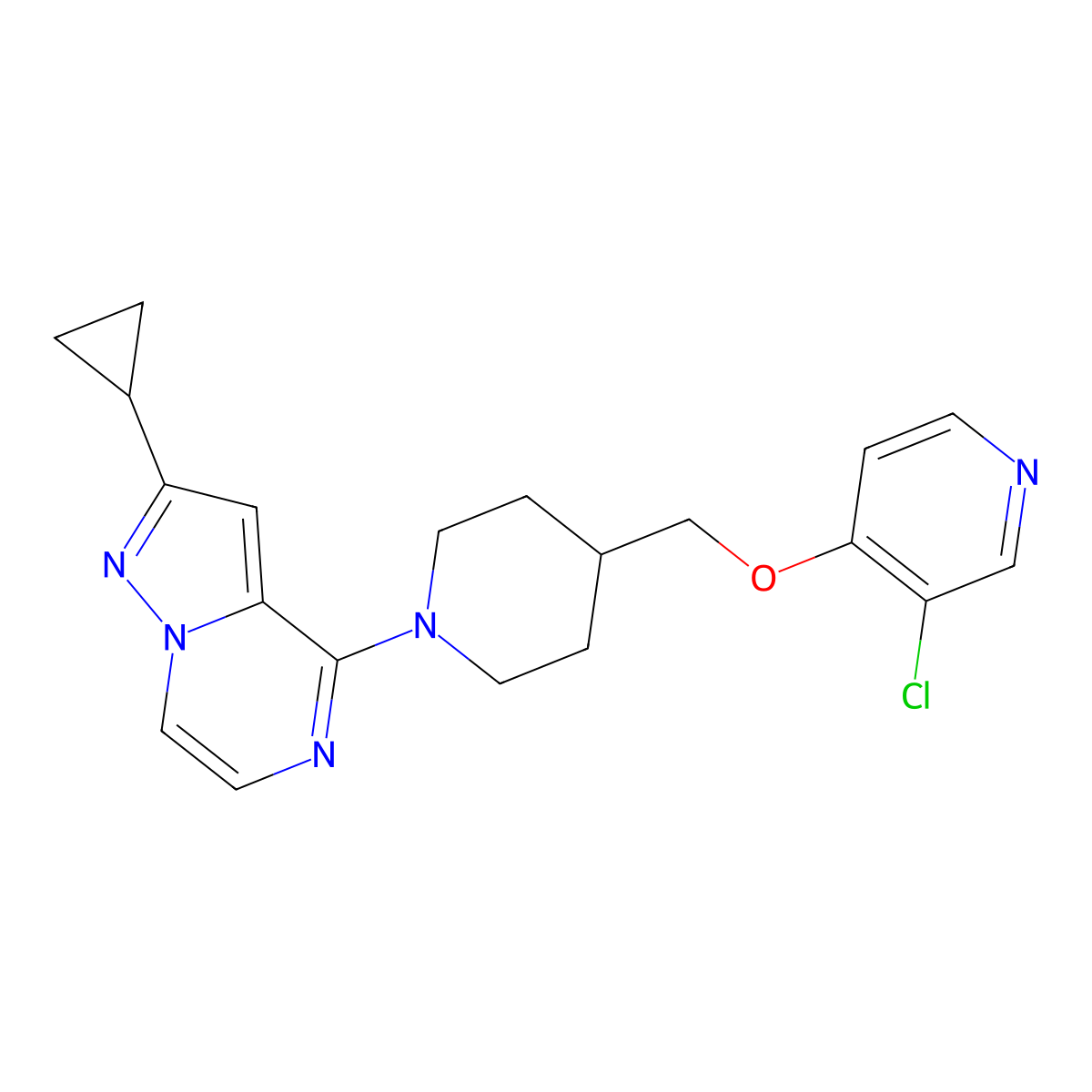 3-Chloro-4-[(1-{2-cyclopropylpyrazolo[1,5-a]pyrazin-4-yl}piperidin-4-yl)methoxy]pyridine molecular structure, CAS 2640822-03-1