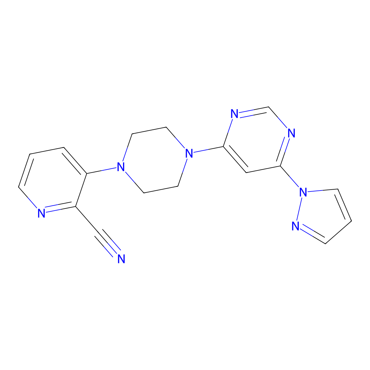 3-{4-[6-(1H-pyrazol-1-yl)pyrimidin-4-yl]piperazin-1-yl}pyridine-2-carbonitrile molecular structure, CAS 2640822-09-7
