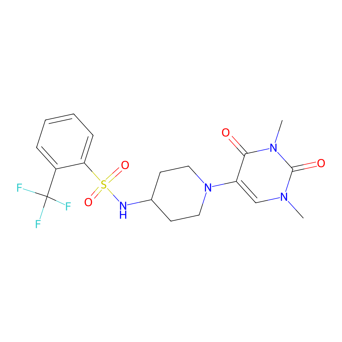N-[1-(1,3-dimethyl-2,4-dioxo-1,2,3,4-tetrahydropyrimidin-5-yl)piperidin-4-yl]-2-(trifluoromethyl)benzene-1-sulfonamide molecular structure, CAS 2640822-14-4