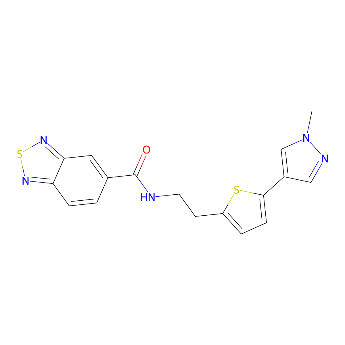 N-{2-[5-(1-methyl-1H-pyrazol-4-yl)thiophen-2-yl]ethyl}-2,1,3-benzothiadiazole-5-carboxamide molecular structure, CAS 2640822-18-8