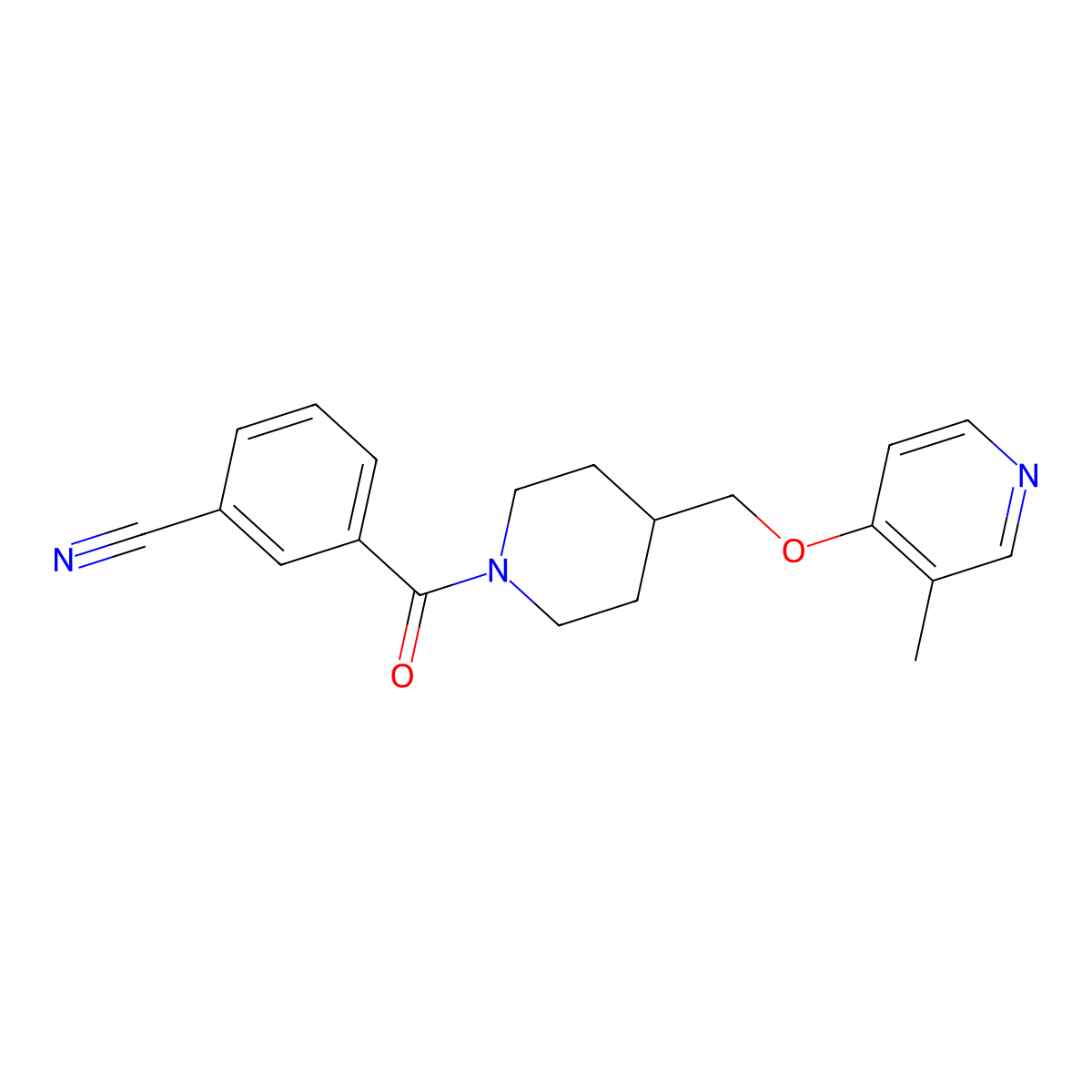 3-(4-{[(3-Methylpyridin-4-yl)oxy]methyl}piperidine-1-carbonyl)benzonitrile molecular structure, CAS 2640822-19-9