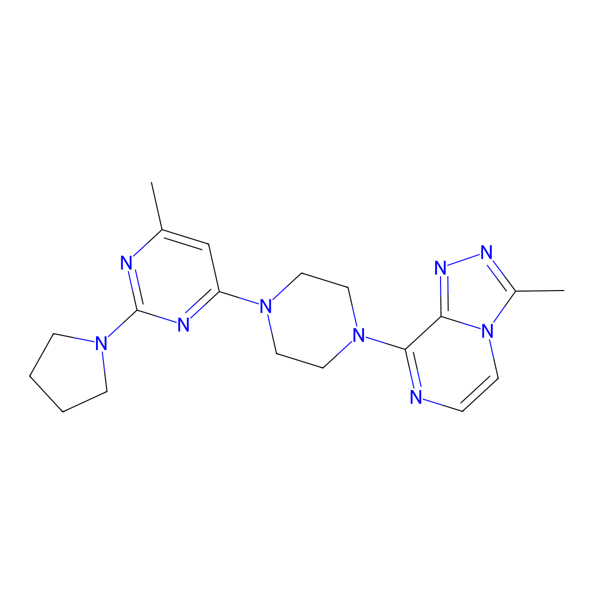 4-Methyl-6-(4-{3-methyl-[1,2,4]triazolo[4,3-a]pyrazin-8-yl}piperazin-1-yl)-2-(pyrrolidin-1-yl)pyrimidine molecular structure, CAS 2640822-24-6