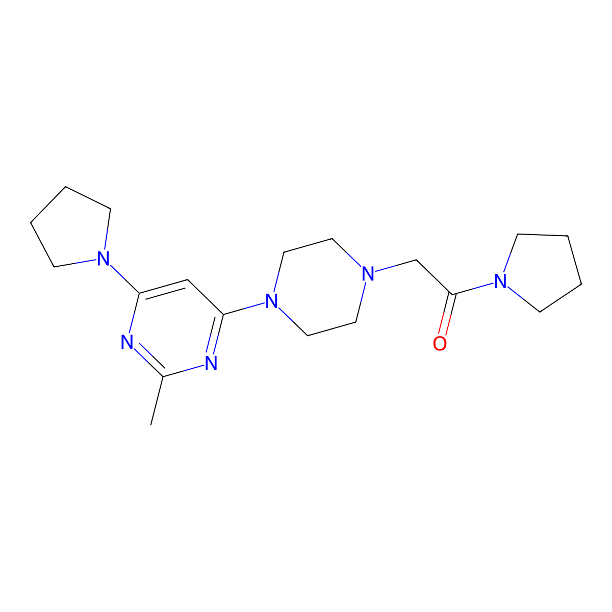 2-{4-[2-Methyl-6-(pyrrolidin-1-yl)pyrimidin-4-yl]piperazin-1-yl}-1-(pyrrolidin-1-yl)ethan-1-one molecular structure, CAS 2640822-31-5