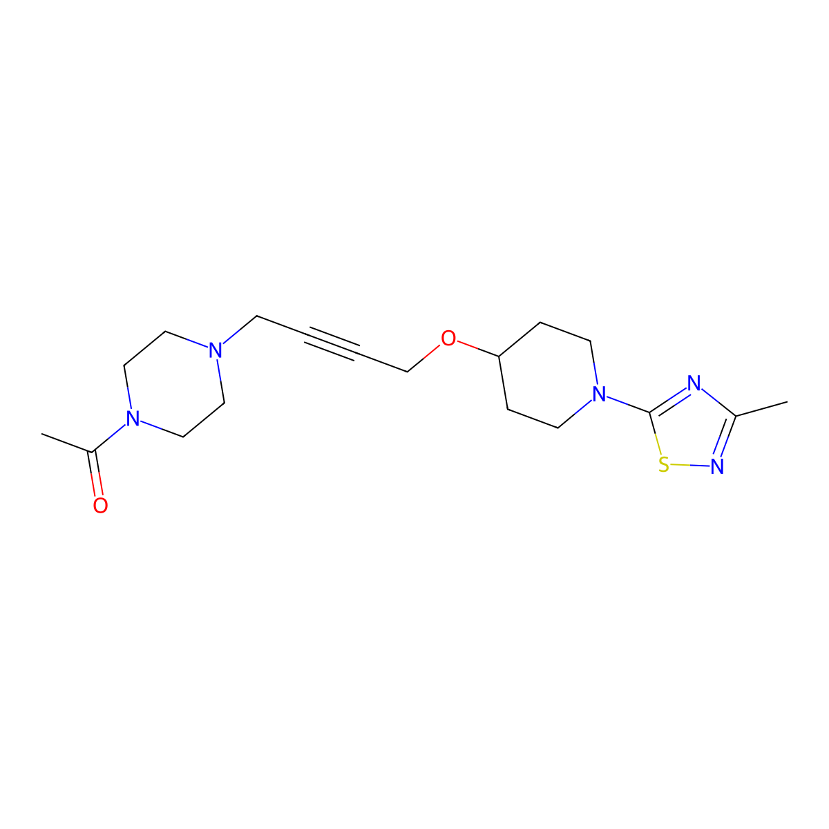 1-[4-(4-{[1-(3-Methyl-1,2,4-thiadiazol-5-yl)piperidin-4-yl]oxy}but-2-yn-1-yl)piperazin-1-yl]ethan-1-one molecular structure, CAS 2640822-32-6