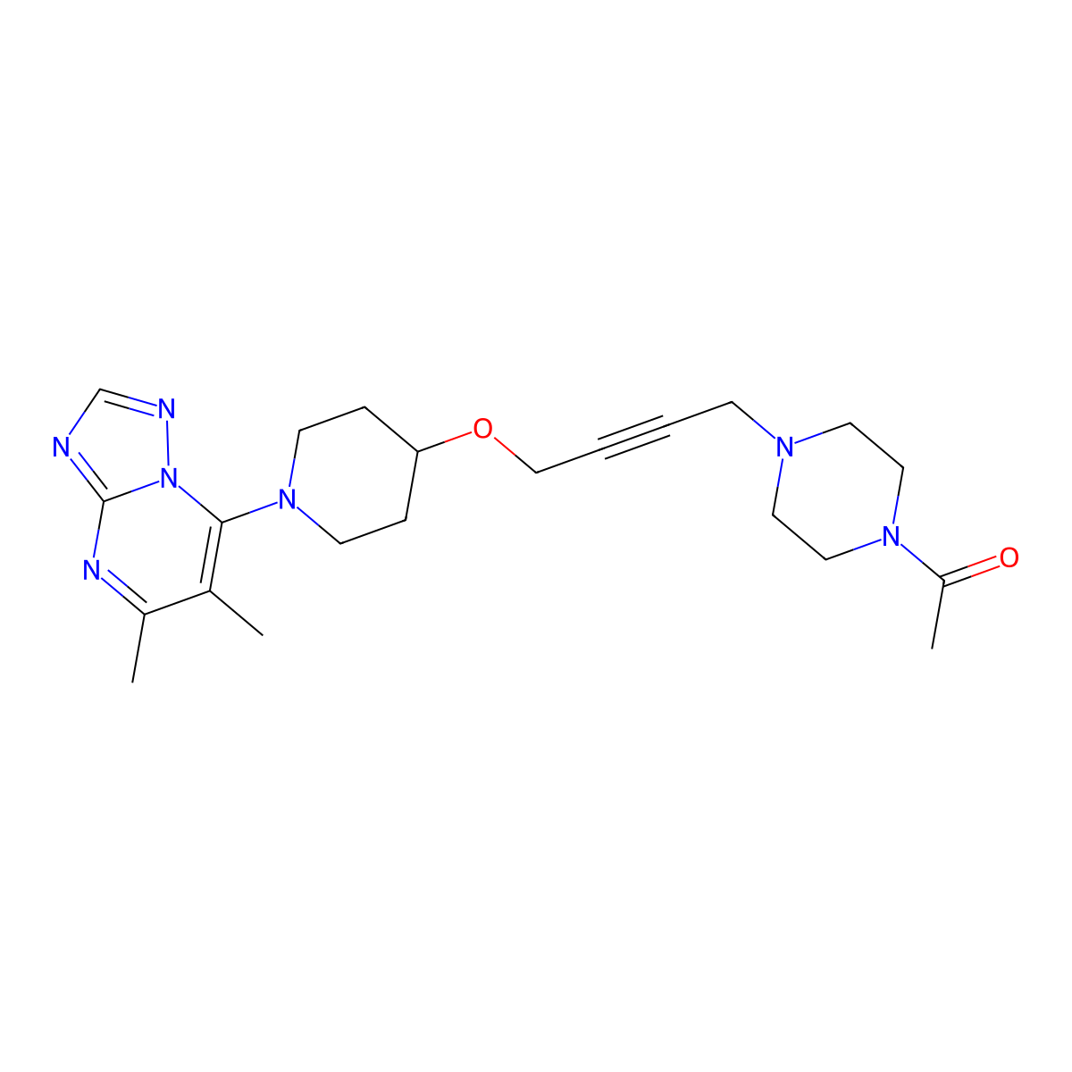 1-(4-{4-[(1-{5,6-Dimethyl-[1,2,4]triazolo[1,5-a]pyrimidin-7-yl}piperidin-4-yl)oxy]but-2-yn-1-yl}piperazin-1-yl)ethan-1-one molecular structure, CAS 2640822-40-6