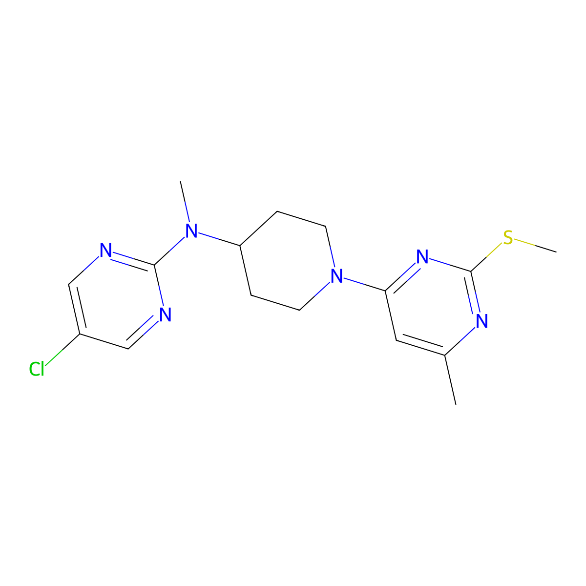 5-chloro-N-methyl-N-{1-[6-methyl-2-(methylsulfanyl)pyrimidin-4-yl]piperidin-4-yl}pyrimidin-2-amine molecular structure, CAS 2640822-52-0