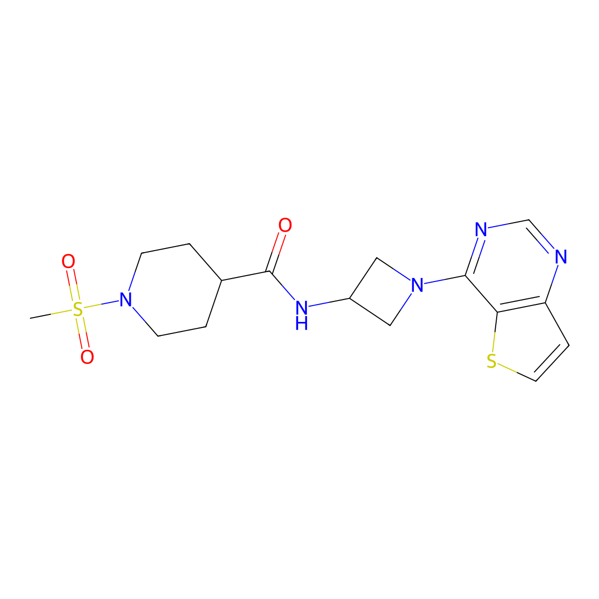 1-methanesulfonyl-N-(1-{thieno[3,2-d]pyrimidin-4-yl}azetidin-3-yl)piperidine-4-carboxamide molecular structure, CAS 2640822-59-7