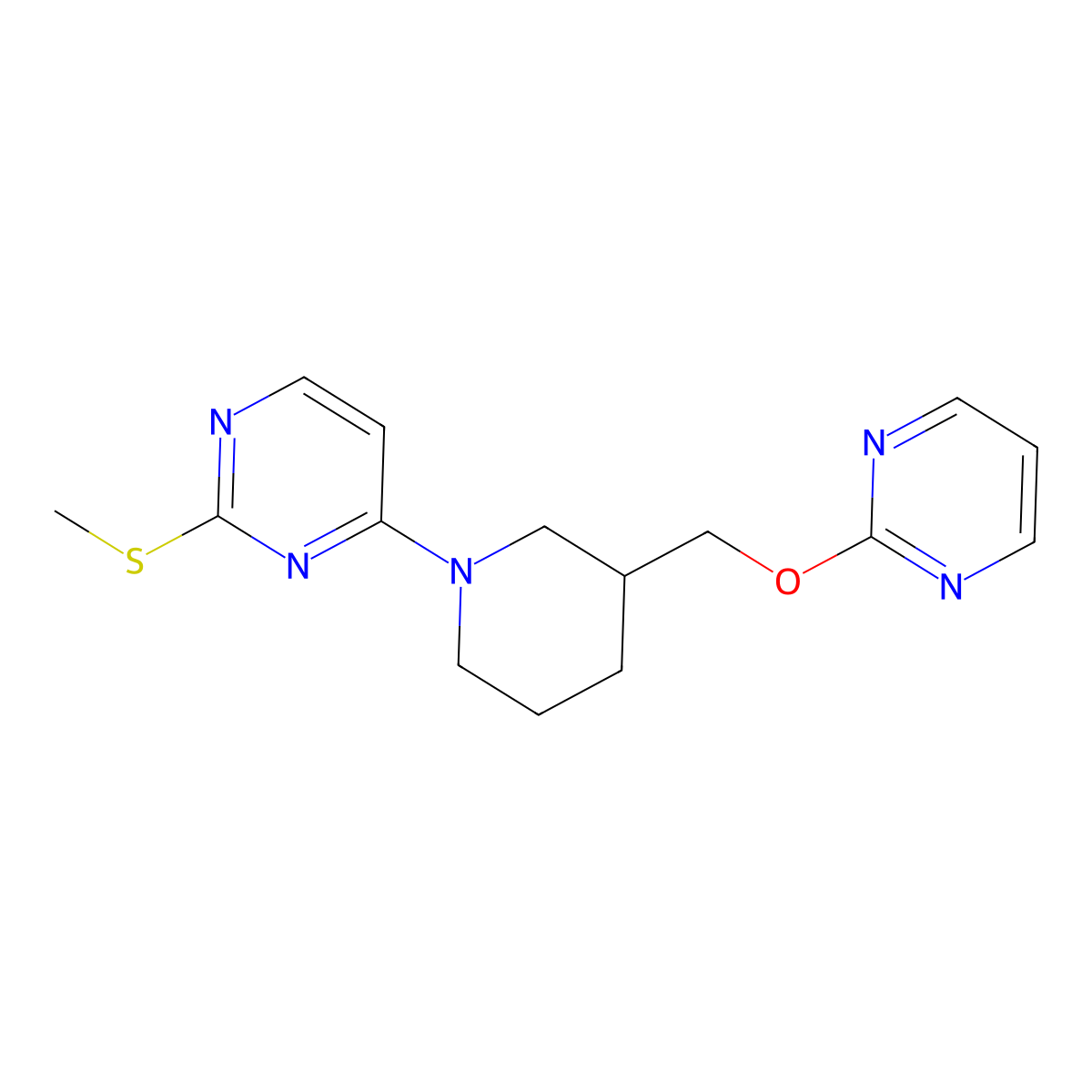 2-(Methylsulfanyl)-4-{3-[(pyrimidin-2-yloxy)methyl]piperidin-1-yl}pyrimidine molecular structure, CAS 2640822-62-2