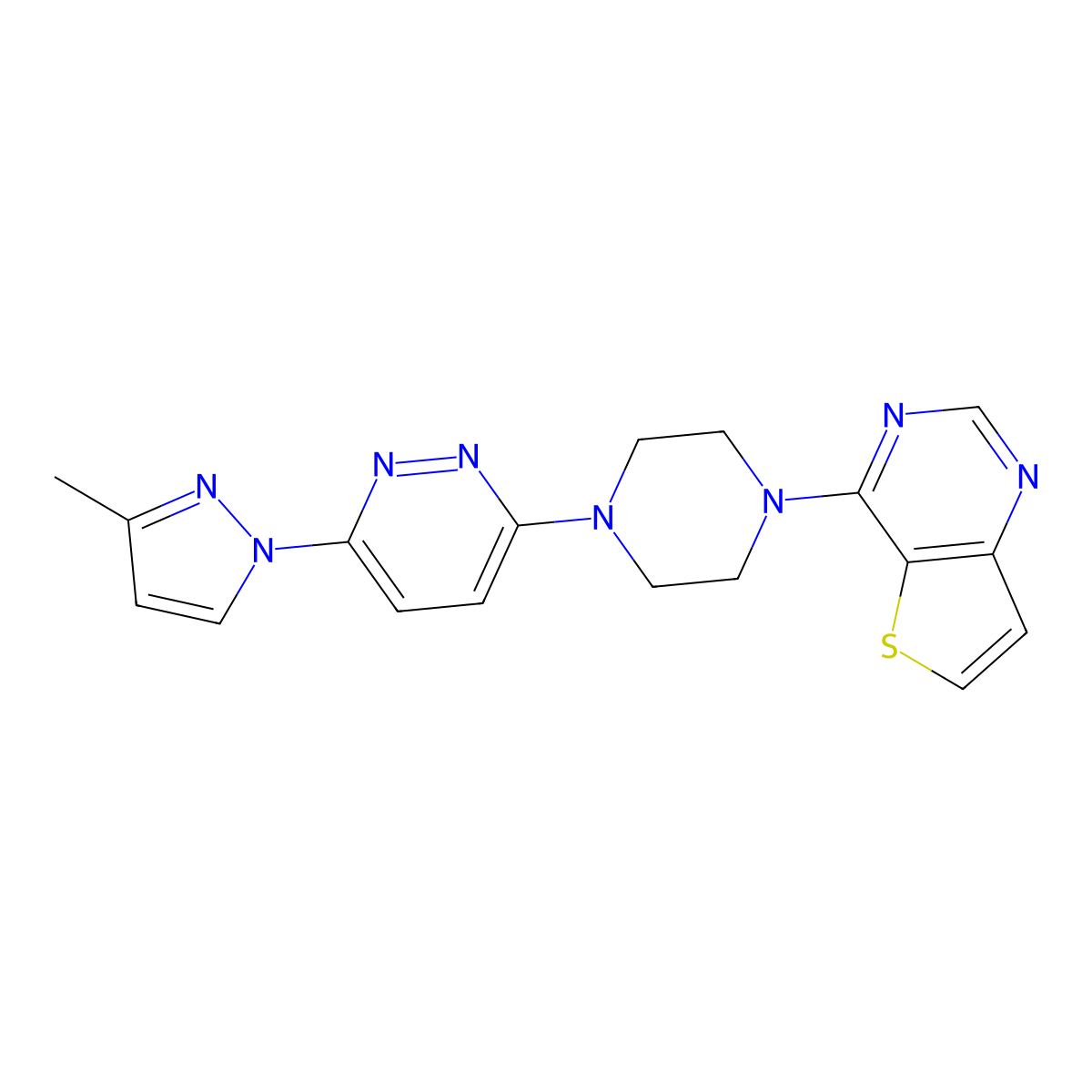 3-(3-methyl-1H-pyrazol-1-yl)-6-(4-{thieno[3,2-d]pyrimidin-4-yl}piperazin-1-yl)pyridazine molecular structure, CAS 2640822-71-3