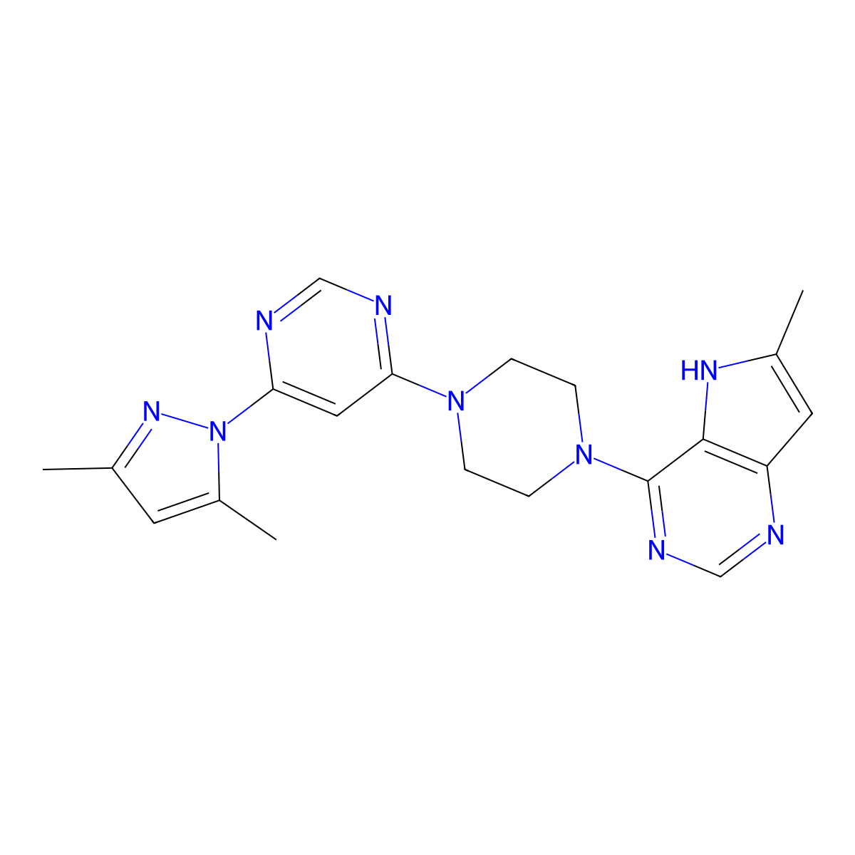 4-(3,5-dimethyl-1H-pyrazol-1-yl)-6-(4-{6-methyl-5H-pyrrolo[3,2-d]pyrimidin-4-yl}piperazin-1-yl)pyrimidine molecular structure, CAS 2640822-77-9