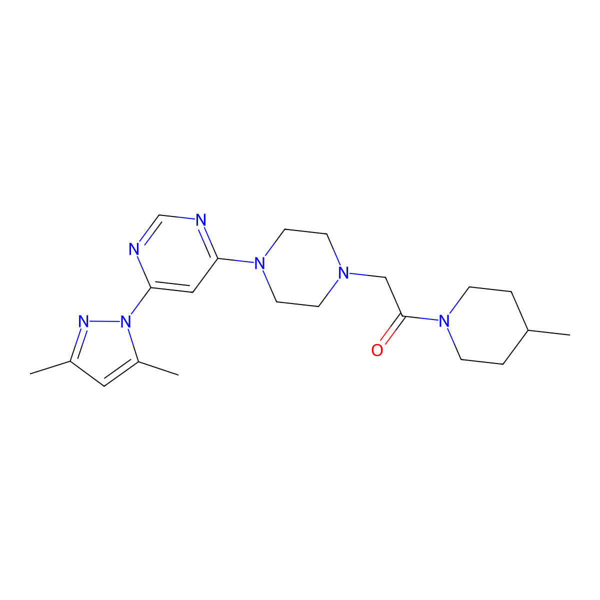 2-{4-[6-(3,5-dimethyl-1H-pyrazol-1-yl)pyrimidin-4-yl]piperazin-1-yl}-1-(4-methylpiperidin-1-yl)ethan-1-one molecular structure, CAS 2640822-81-5