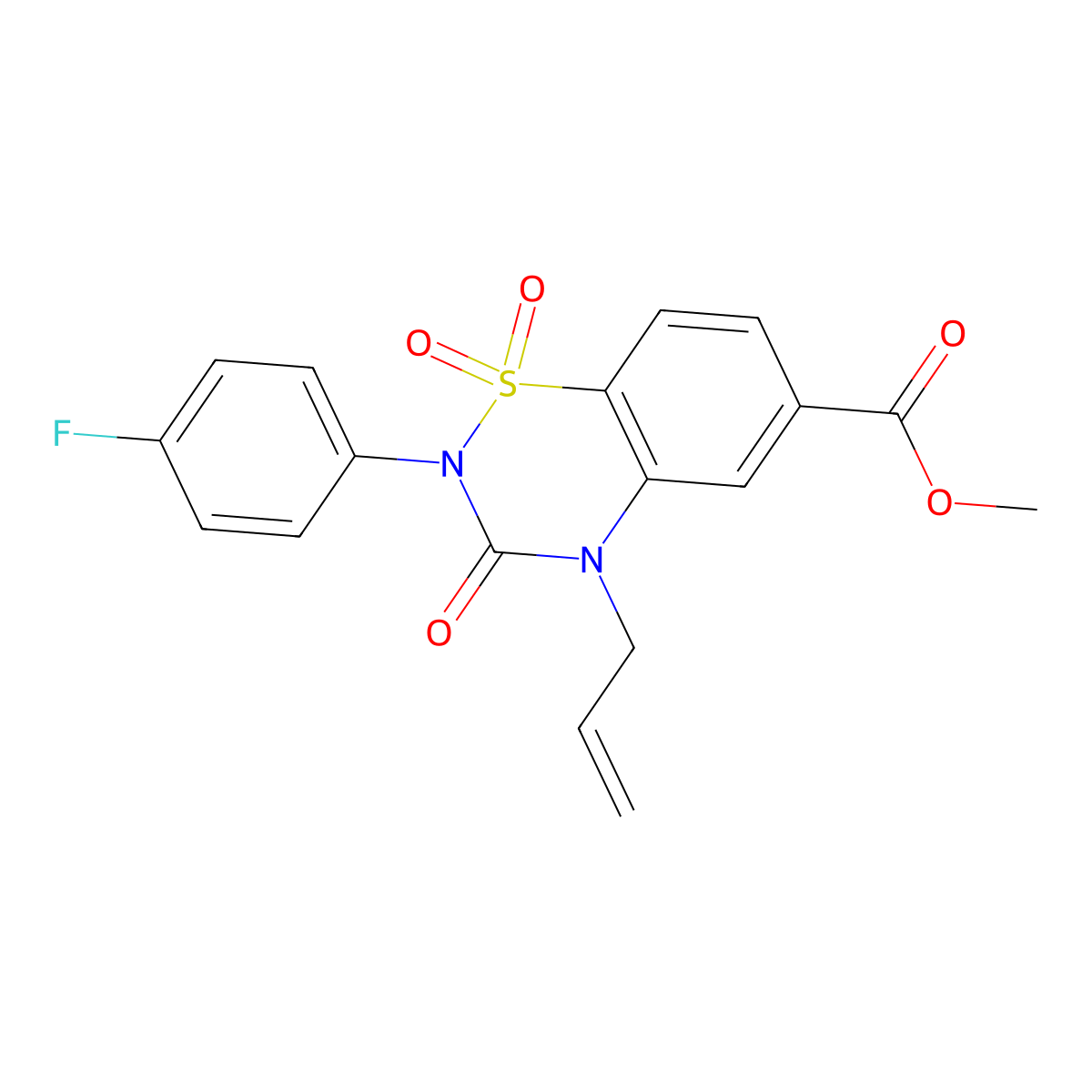 Methyl 2-(4-fluorophenyl)-1,1,3-trioxo-4-prop-2-enyl-1lambda6,2,4-benzothiadiazine-6-carboxylate molecular structure, CAS 2640822-86-0