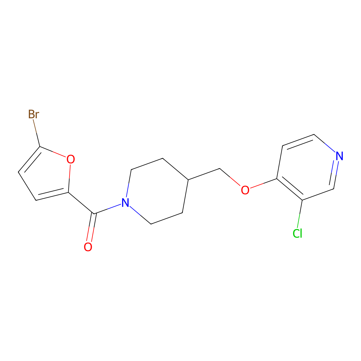 4-{[1-(5-Bromofuran-2-carbonyl)piperidin-4-yl]methoxy}-3-chloropyridine molecular structure, CAS 2640822-88-2