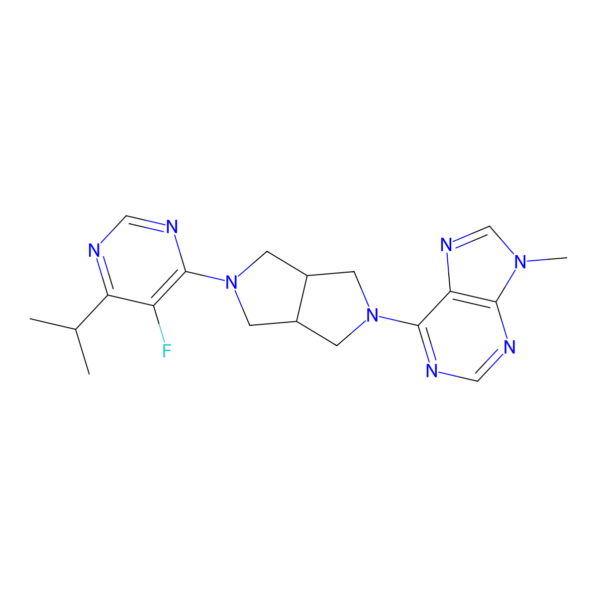 6-{5-[5-fluoro-6-(propan-2-yl)pyrimidin-4-yl]-octahydropyrrolo[3,4-c]pyrrol-2-yl}-9-methyl-9H-purine molecular structure, CAS 2640822-94-0
