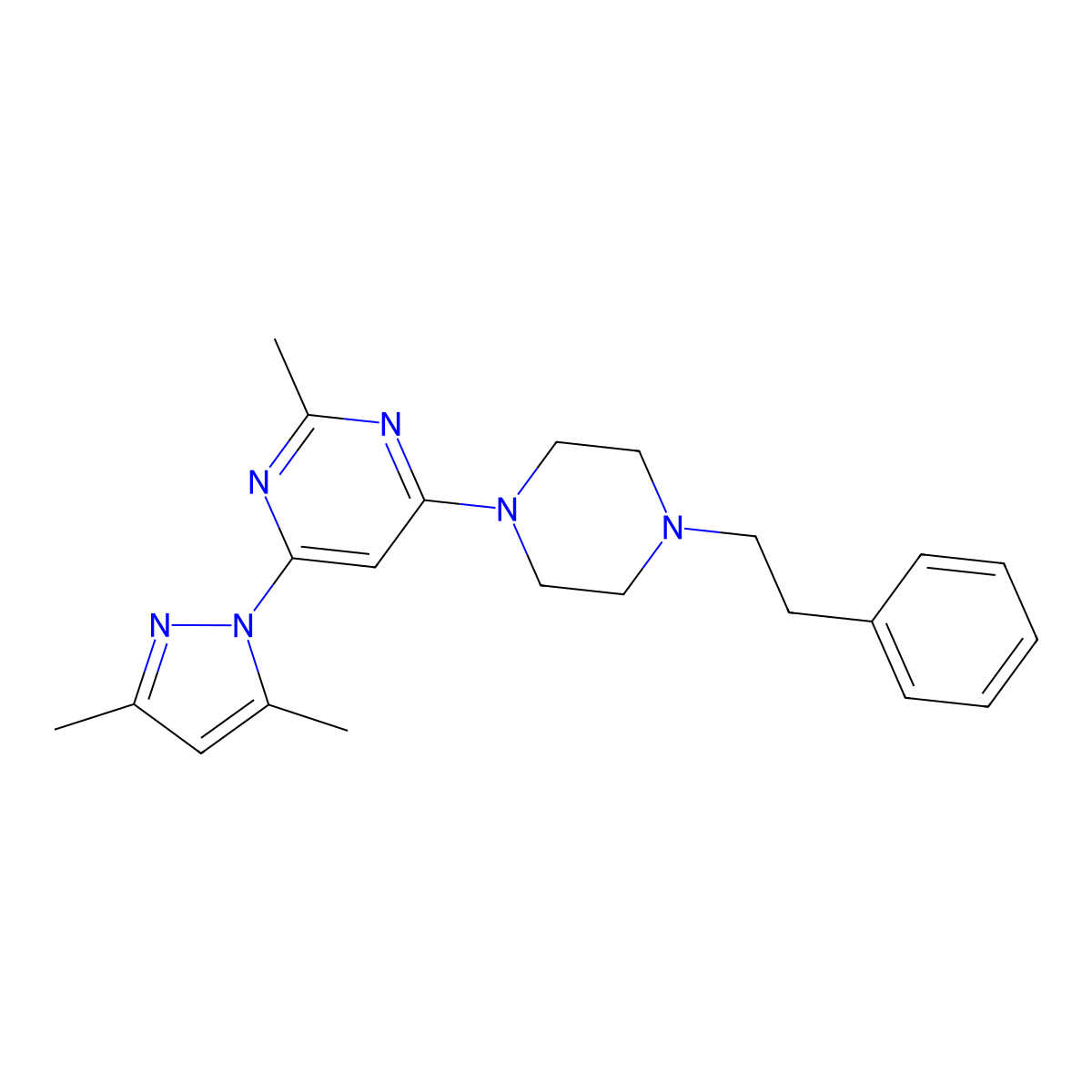 4-(3,5-dimethyl-1H-pyrazol-1-yl)-2-methyl-6-[4-(2-phenylethyl)piperazin-1-yl]pyrimidine molecular structure, CAS 2640822-97-3