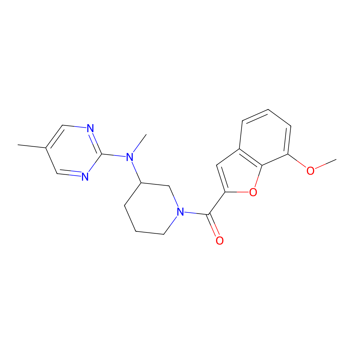N-[1-(7-methoxy-1-benzofuran-2-carbonyl)piperidin-3-yl]-N,5-dimethylpyrimidin-2-amine molecular structure, CAS 2640823-00-1