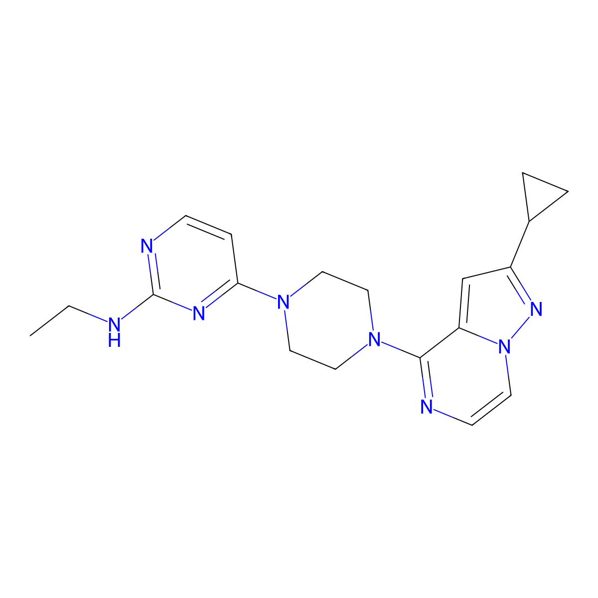 4-(4-{2-cyclopropylpyrazolo[1,5-a]pyrazin-4-yl}piperazin-1-yl)-N-ethylpyrimidin-2-amine molecular structure, CAS 2640823-06-7
