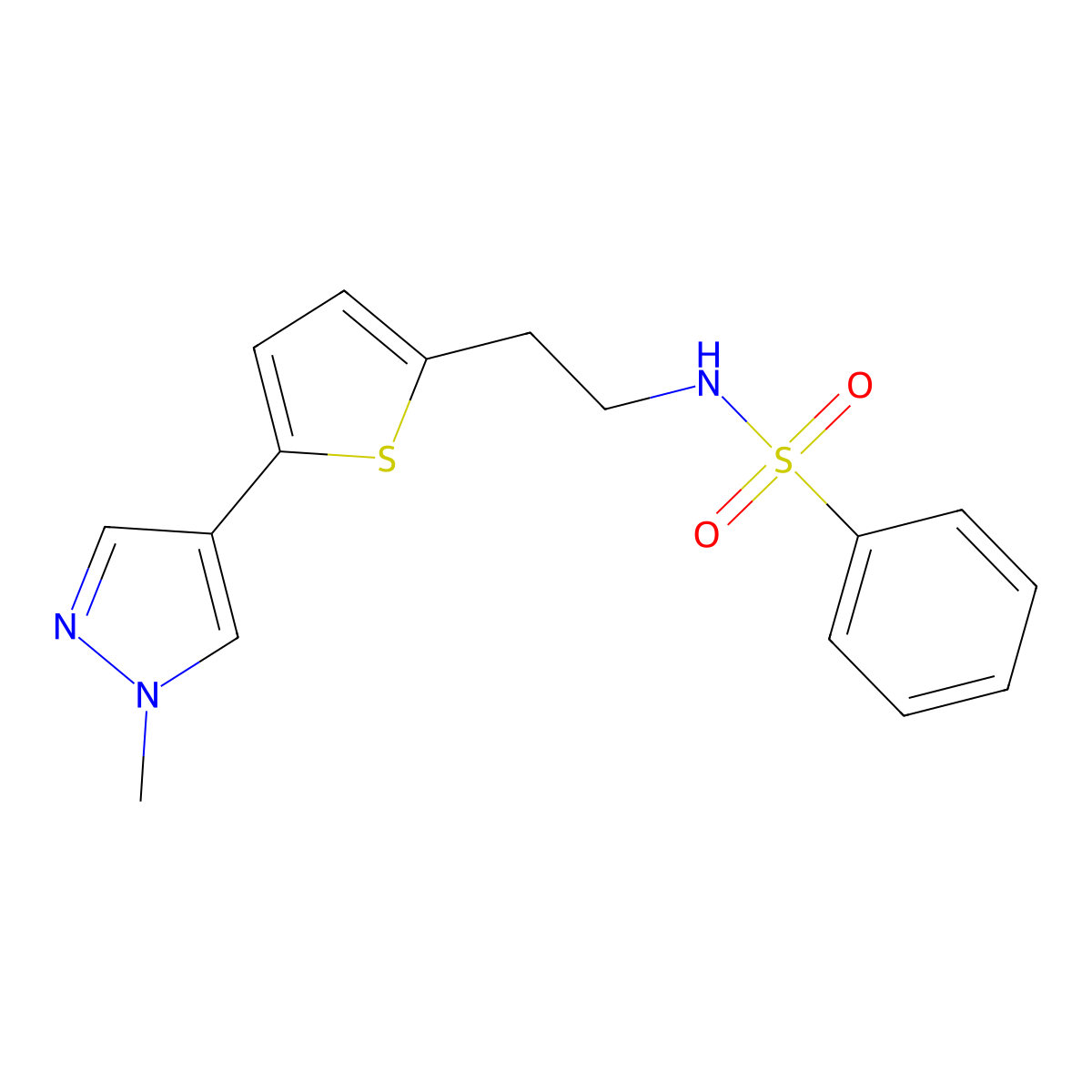 N-{2-[5-(1-methyl-1H-pyrazol-4-yl)thiophen-2-yl]ethyl}benzenesulfonamide molecular structure, CAS 2640828-42-6