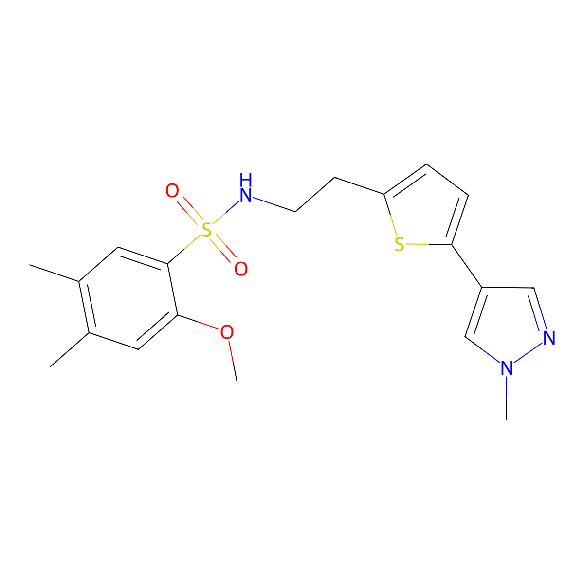 2-methoxy-4,5-dimethyl-N-{2-[5-(1-methyl-1H-pyrazol-4-yl)thiophen-2-yl]ethyl}benzene-1-sulfonamide molecular structure, CAS 2640828-44-8