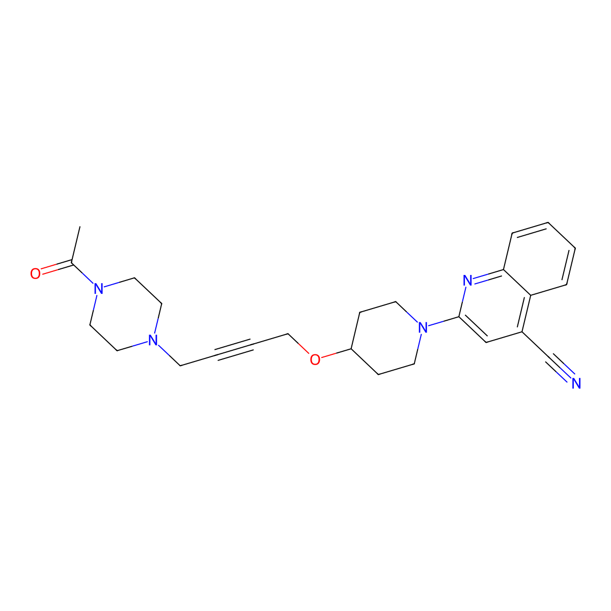 2-(4-{[4-(4-Acetylpiperazin-1-yl)but-2-yn-1-yl]oxy}piperidin-1-yl)quinoline-4-carbonitrile molecular structure, CAS 2640828-50-6