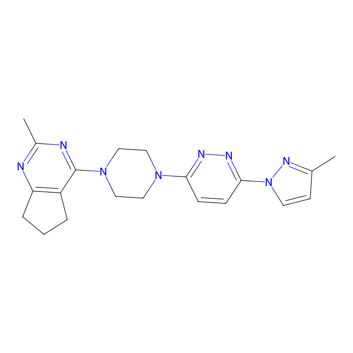 3-(3-methyl-1H-pyrazol-1-yl)-6-(4-{2-methyl-5H,6H,7H-cyclopenta[d]pyrimidin-4-yl}piperazin-1-yl)pyridazine molecular structure, CAS 2640828-59-5