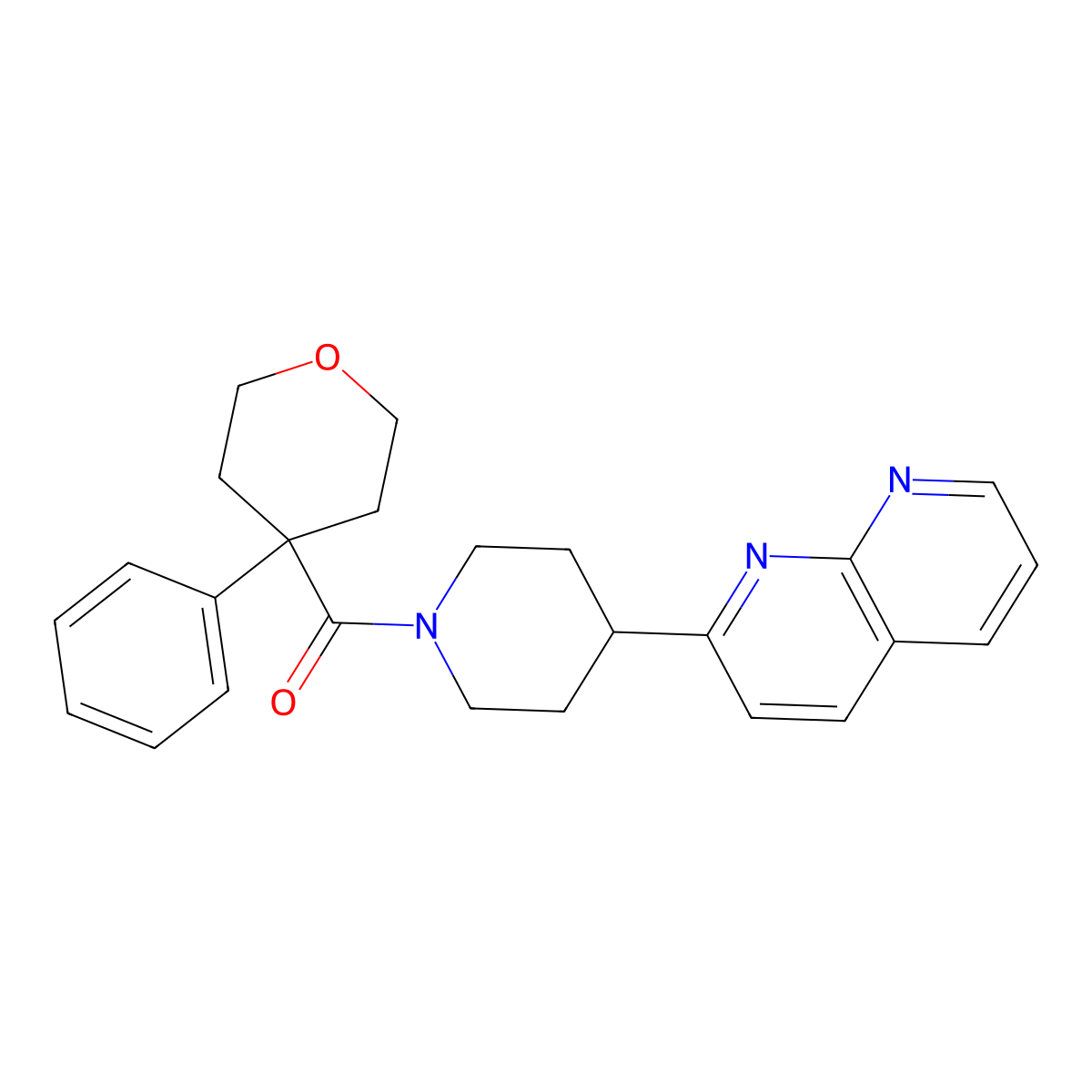 2-[1-(4-Phenyloxane-4-carbonyl)piperidin-4-yl]-1,8-naphthyridine molecular structure, CAS 2640828-62-0