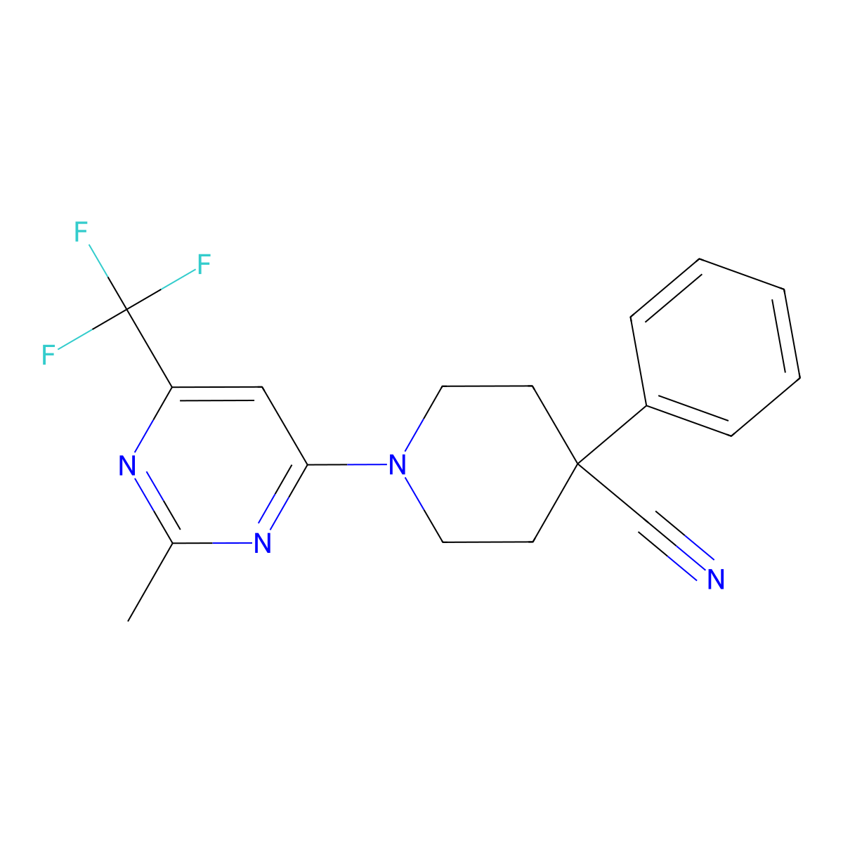1-[2-Methyl-6-(trifluoromethyl)pyrimidin-4-yl]-4-phenylpiperidine-4-carbonitrile molecular structure, CAS 2640828-65-3