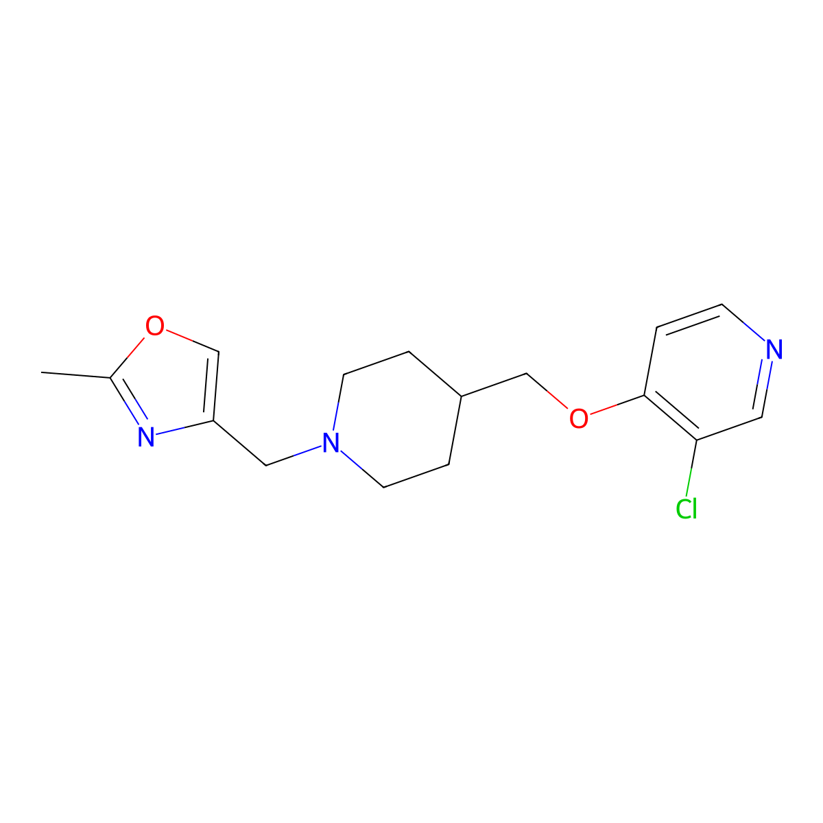 3-Chloro-4-({1-[(2-methyl-1,3-oxazol-4-yl)methyl]piperidin-4-yl}methoxy)pyridine molecular structure, CAS 2640828-68-6