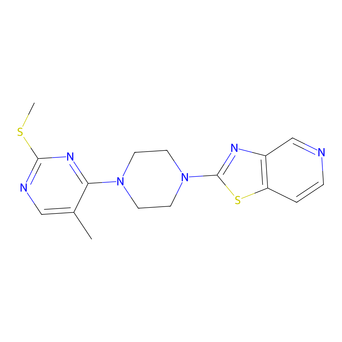 5-Methyl-2-(methylsulfanyl)-4-(4-{[1,3]thiazolo[4,5-c]pyridin-2-yl}piperazin-1-yl)pyrimidine molecular structure, CAS 2640828-81-3
